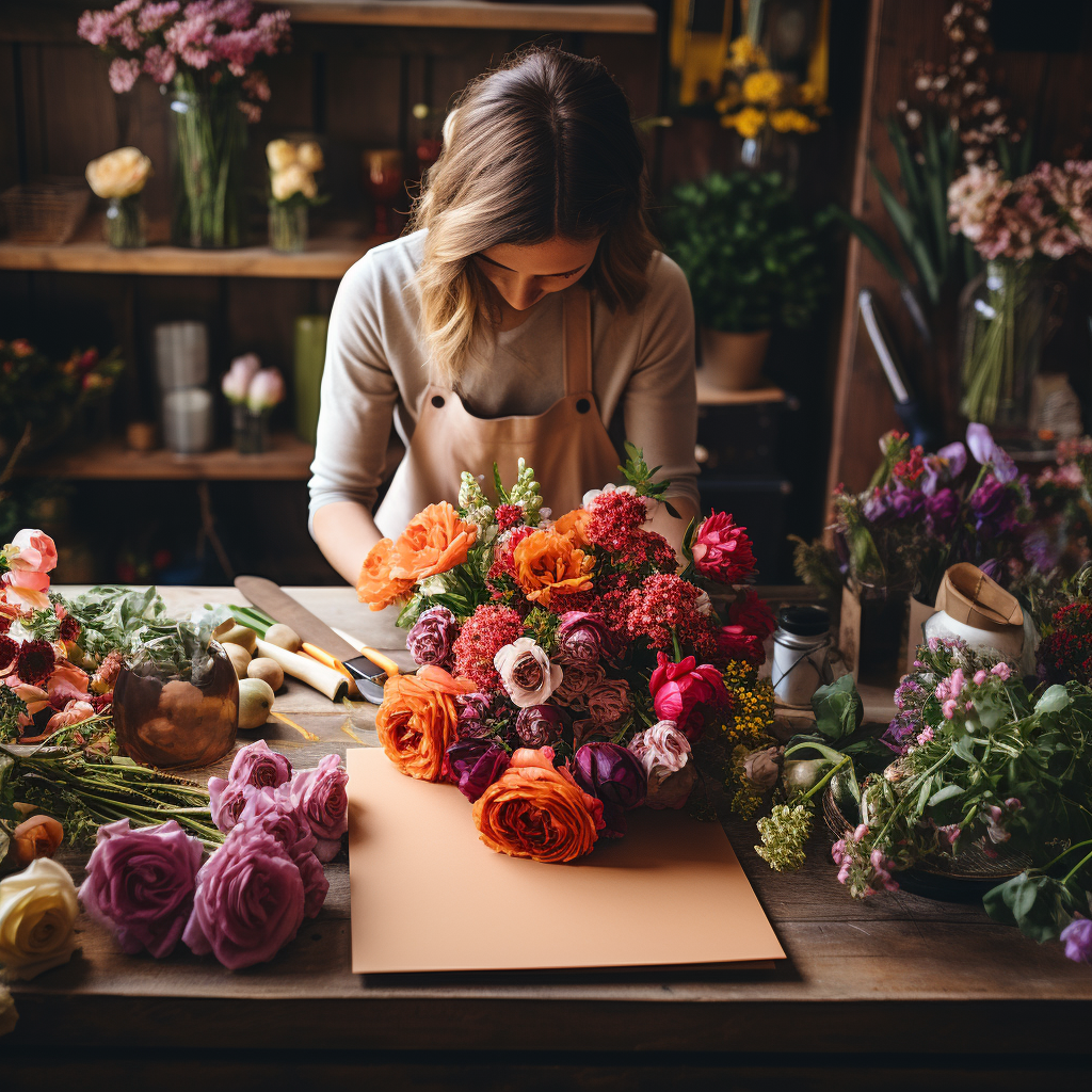 a woman is working on a bouquet of flowers