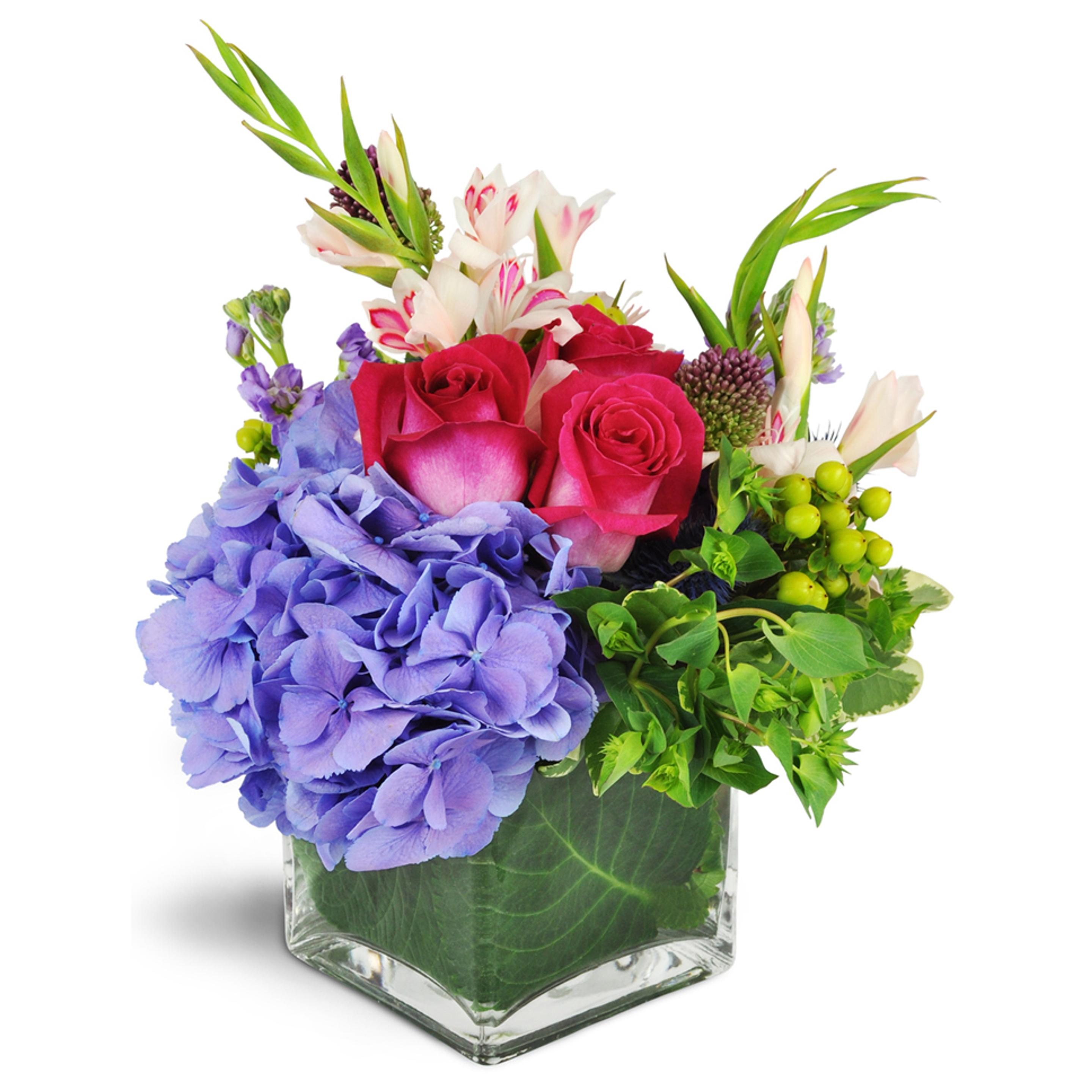 Beautiful flower arrangement in a glass cube vase for birthday best sellers