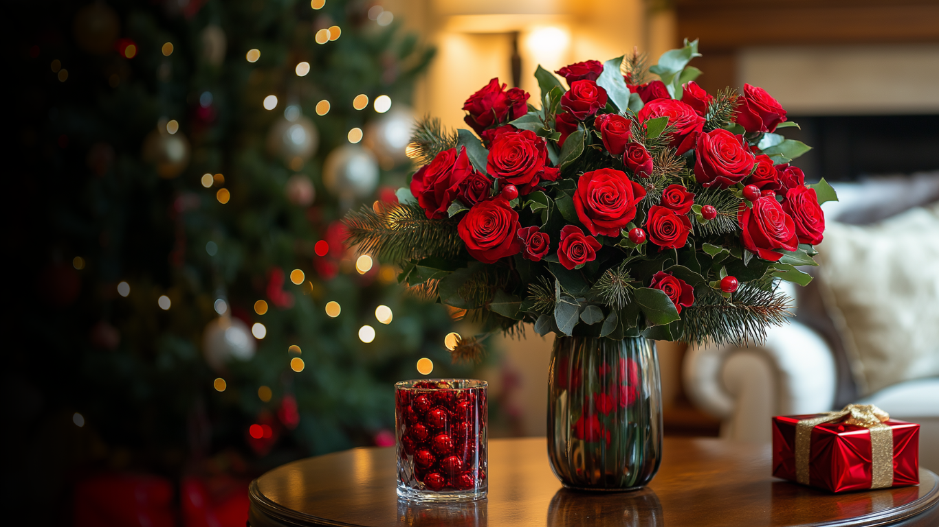 a vase of red roses sits on a table in front of a christmas tree