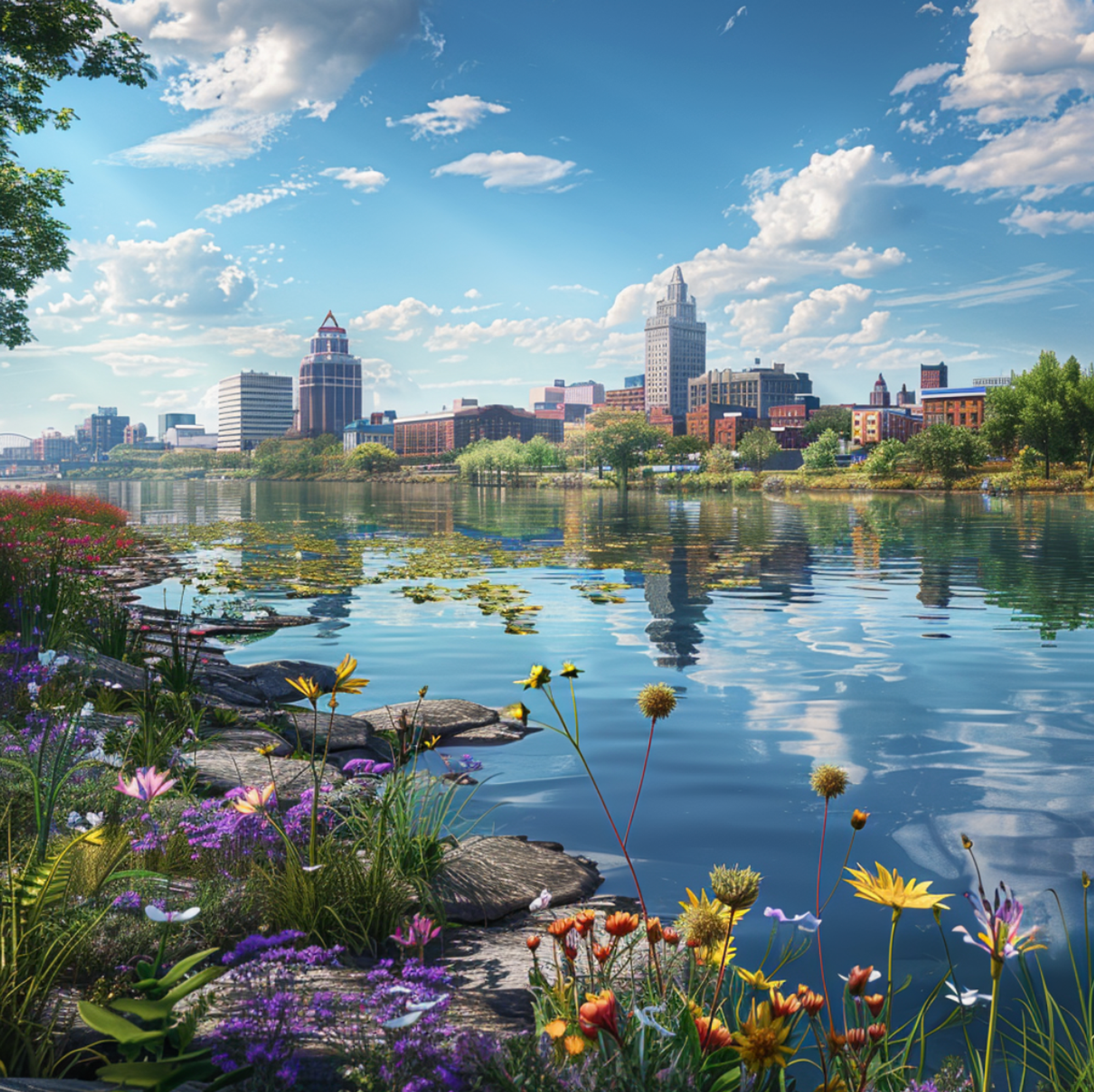 A serene waterfront view in Buffalo, New York, with a foreground of colorful wildflowers and lily pads on the water, while the city’s skyline reflects gracefully on the calm surface, under a clear blue sky dotted with fluffy clouds.