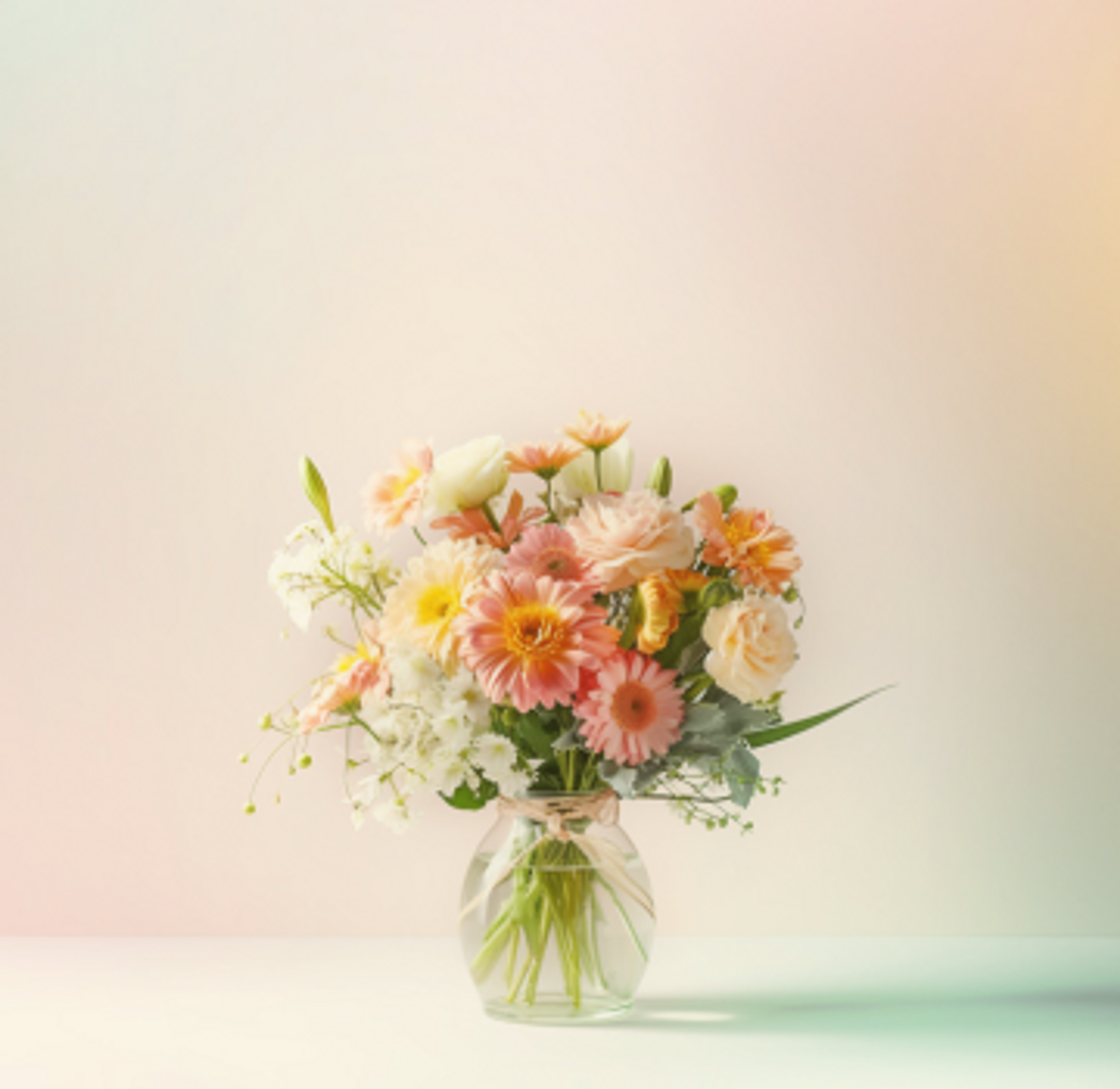 Light and bright flower arrangement in a clear vase in a sparse white and pastel background.
