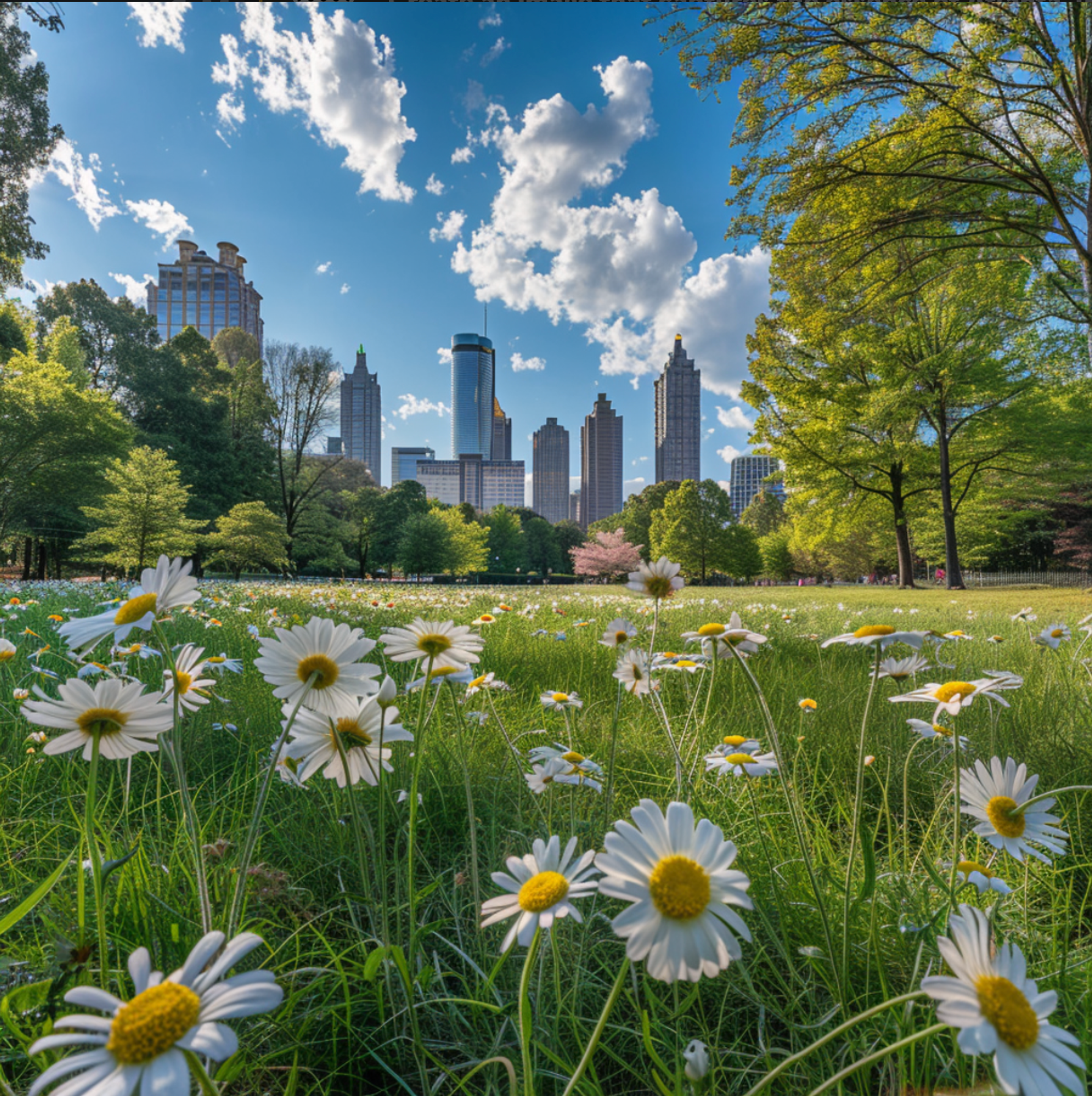 Vibrant field of daisies in Atlanta's Piedmont Park with a view of the city skyline against a clear blue sky, showcasing the harmonious blend of nature and urban life in the heart of Georgia.