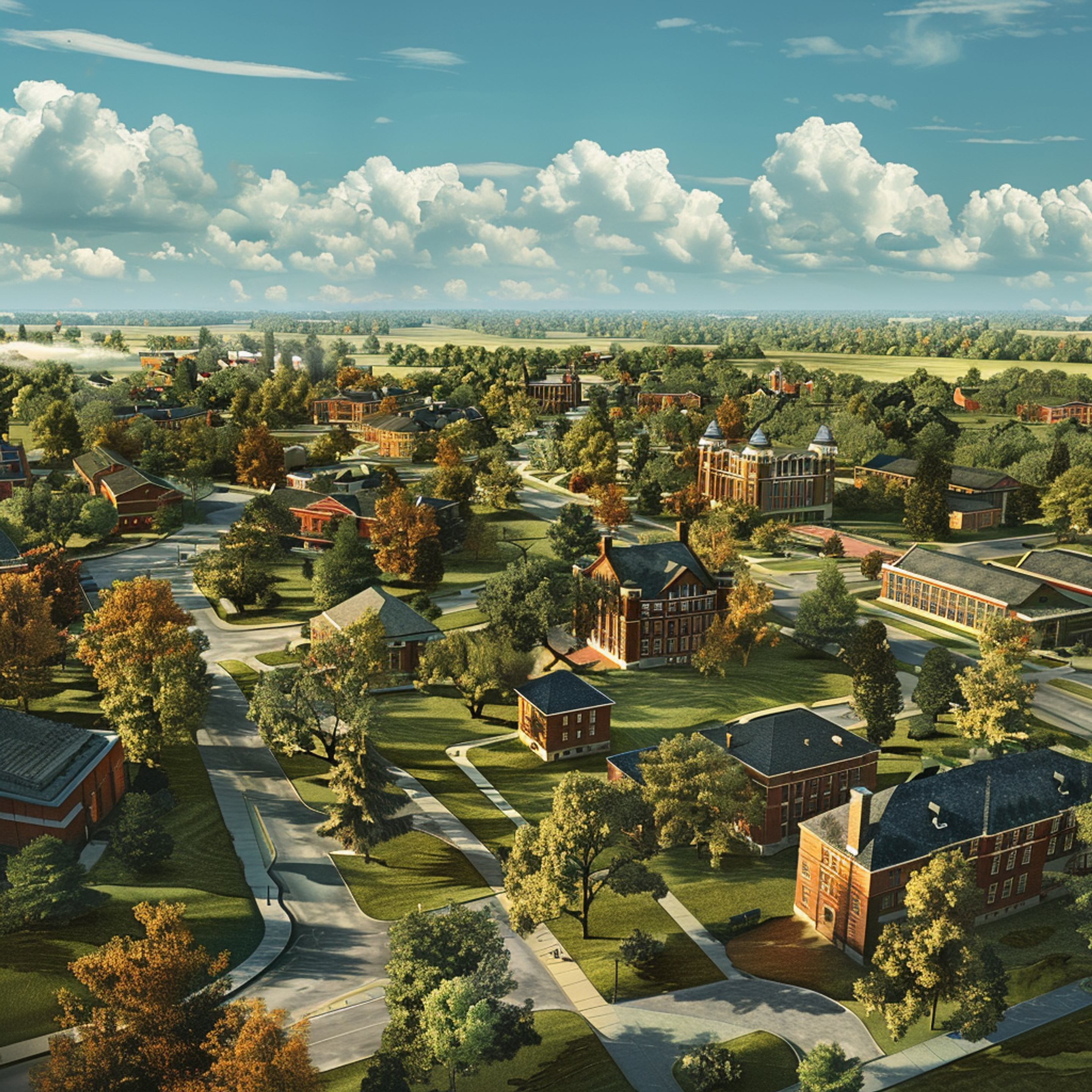 Aerial view of Rolla, MO, showcasing the Missouri University of Science and Technology campus with its classic red-brick buildings amidst lush greenery. Tree-lined pathways intersect the grounds while cumulus clouds dot the expansive blue sky overhead.