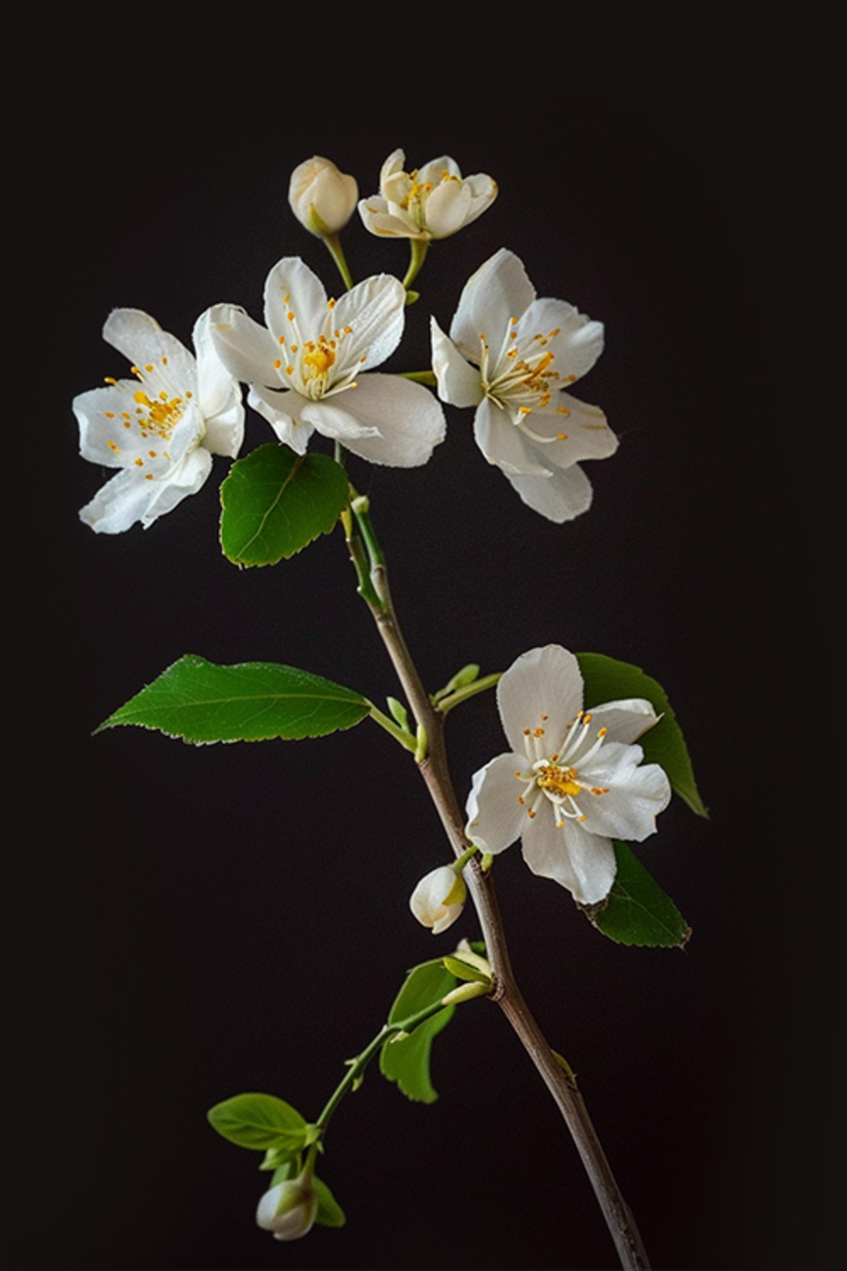 A branch of Mock Orange in closeup with a blurred background, showcasing its bright white flowers with golden stamens and lush green leaves, set against a dark backdrop.