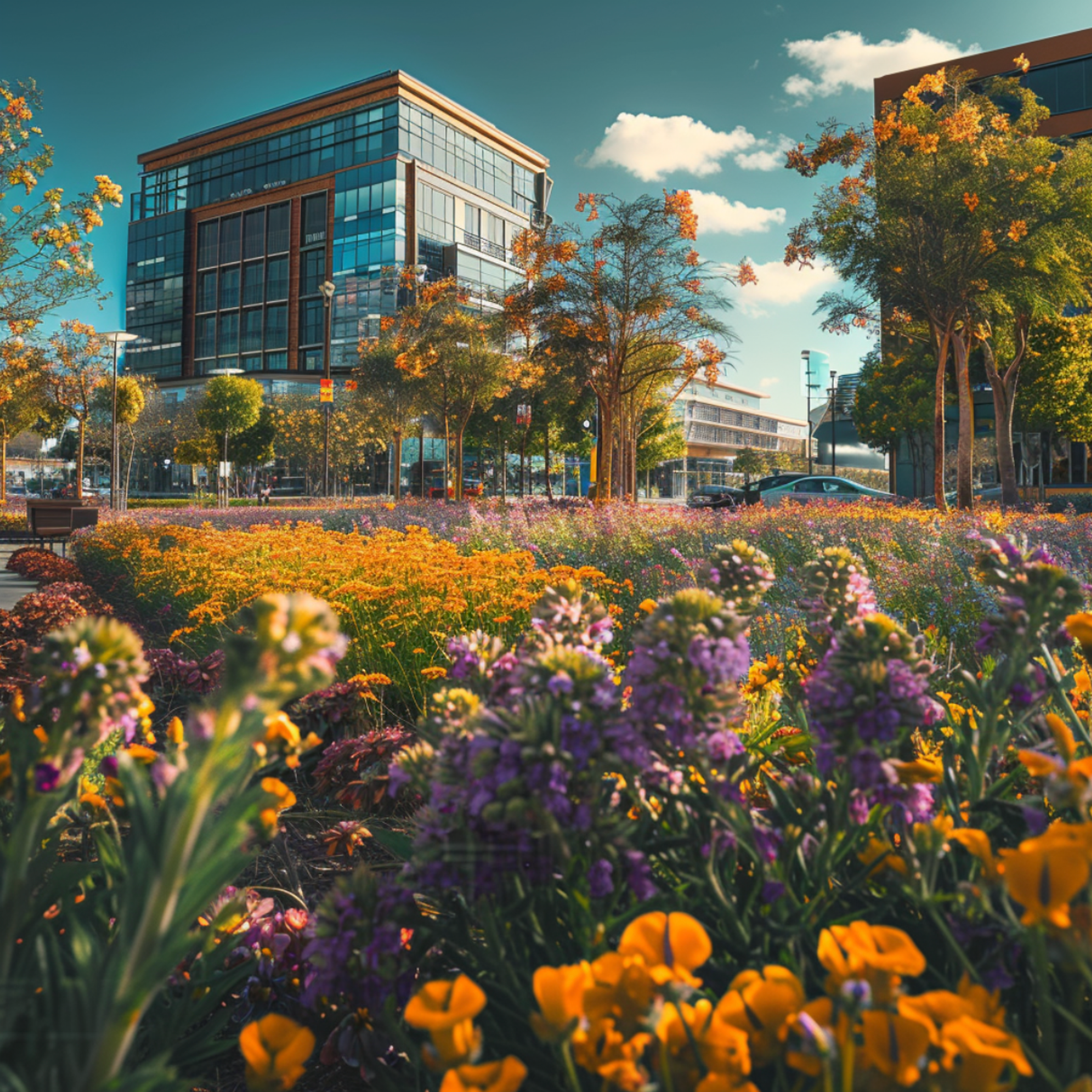 Lush, vibrant flower beds in full bloom at a park in San Jose, California, with a modern glass-fronted building in the background and clear blue skies overhead, highlighting the city's commitment to integrating natural beauty within its urban environment.