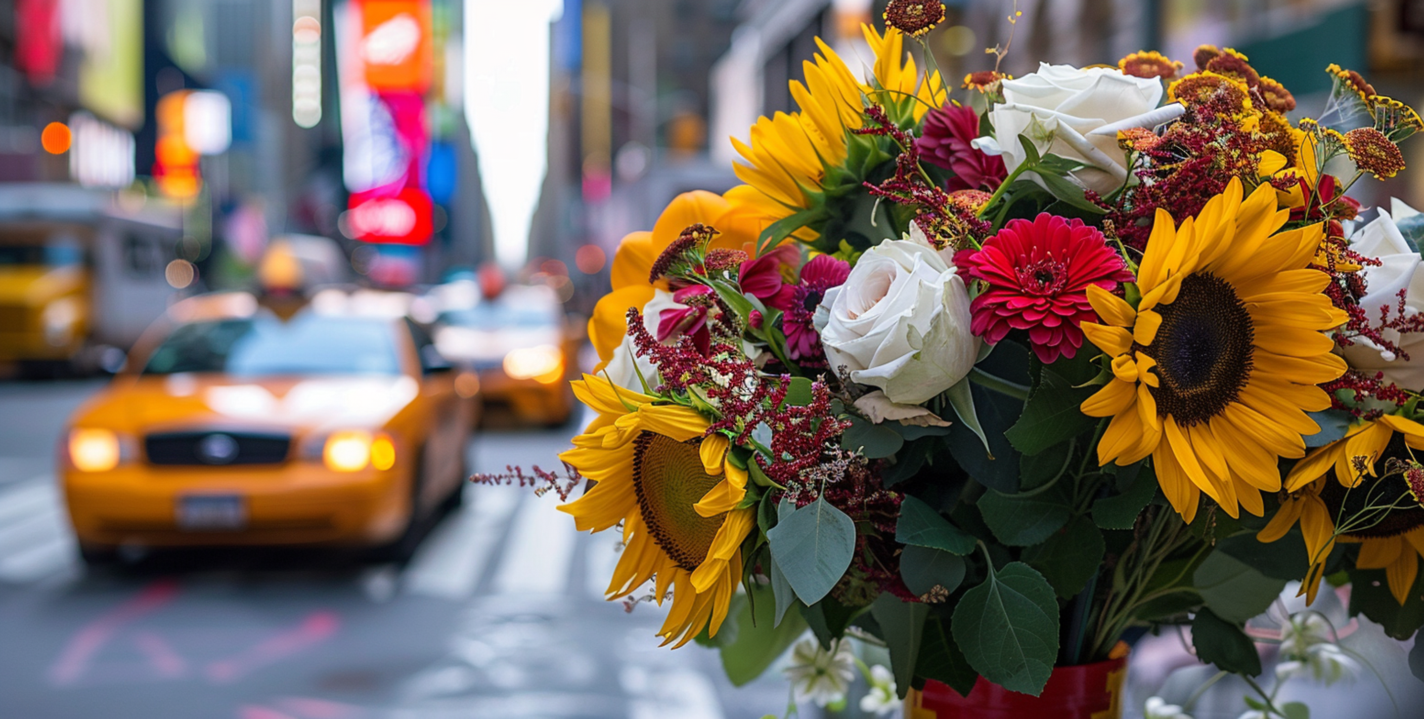 Photo of flower arrangement in focus with sunflowers, white roses. Background in blur is the city of new york with a yellow taxi in times square. Flower delivery in new york city.