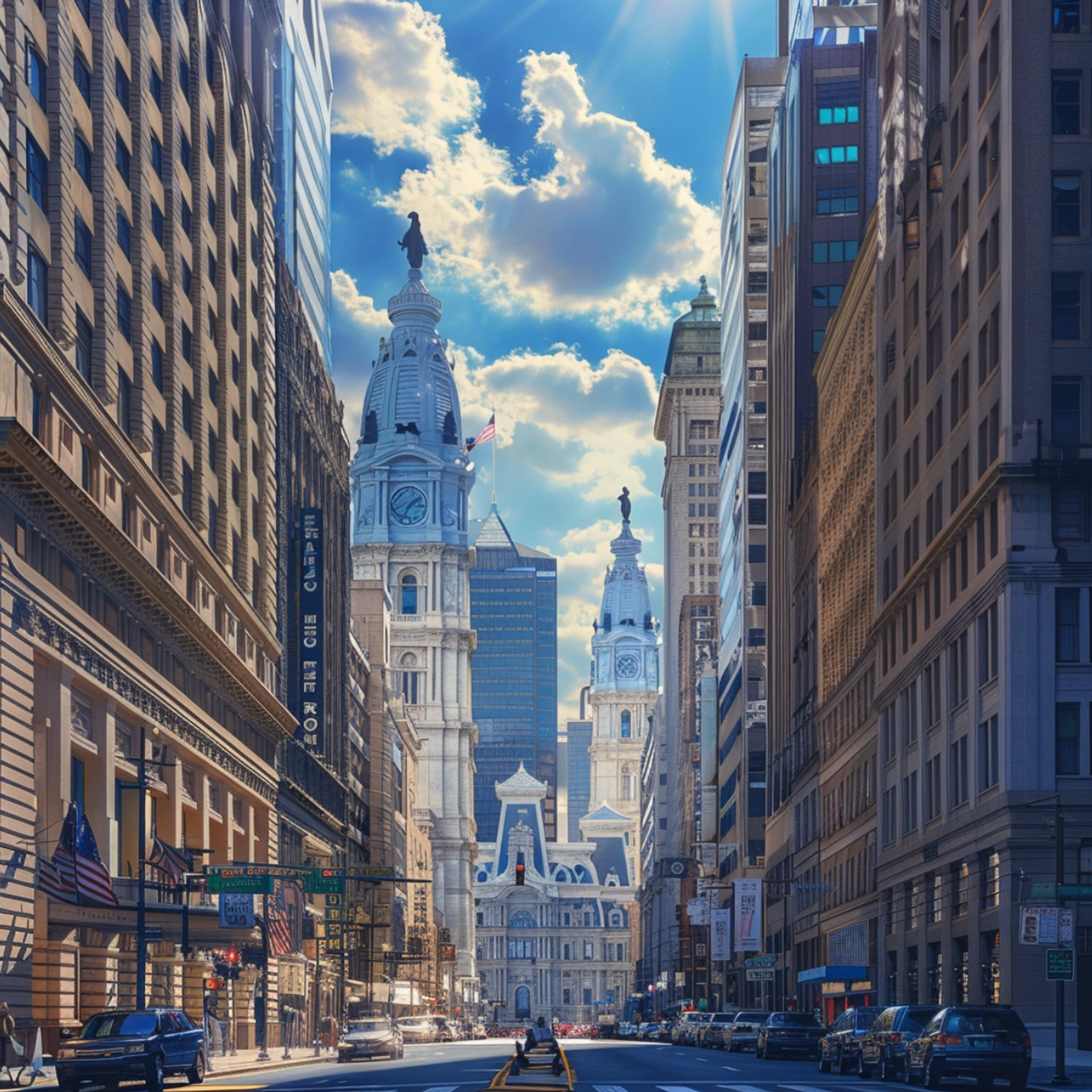 Sunlight beams down onto the iconic City Hall with the statue of William Penn on top, as viewed from a bustling street in the heart of Philadelphia, depicting the city's vibrant urban landscape.
