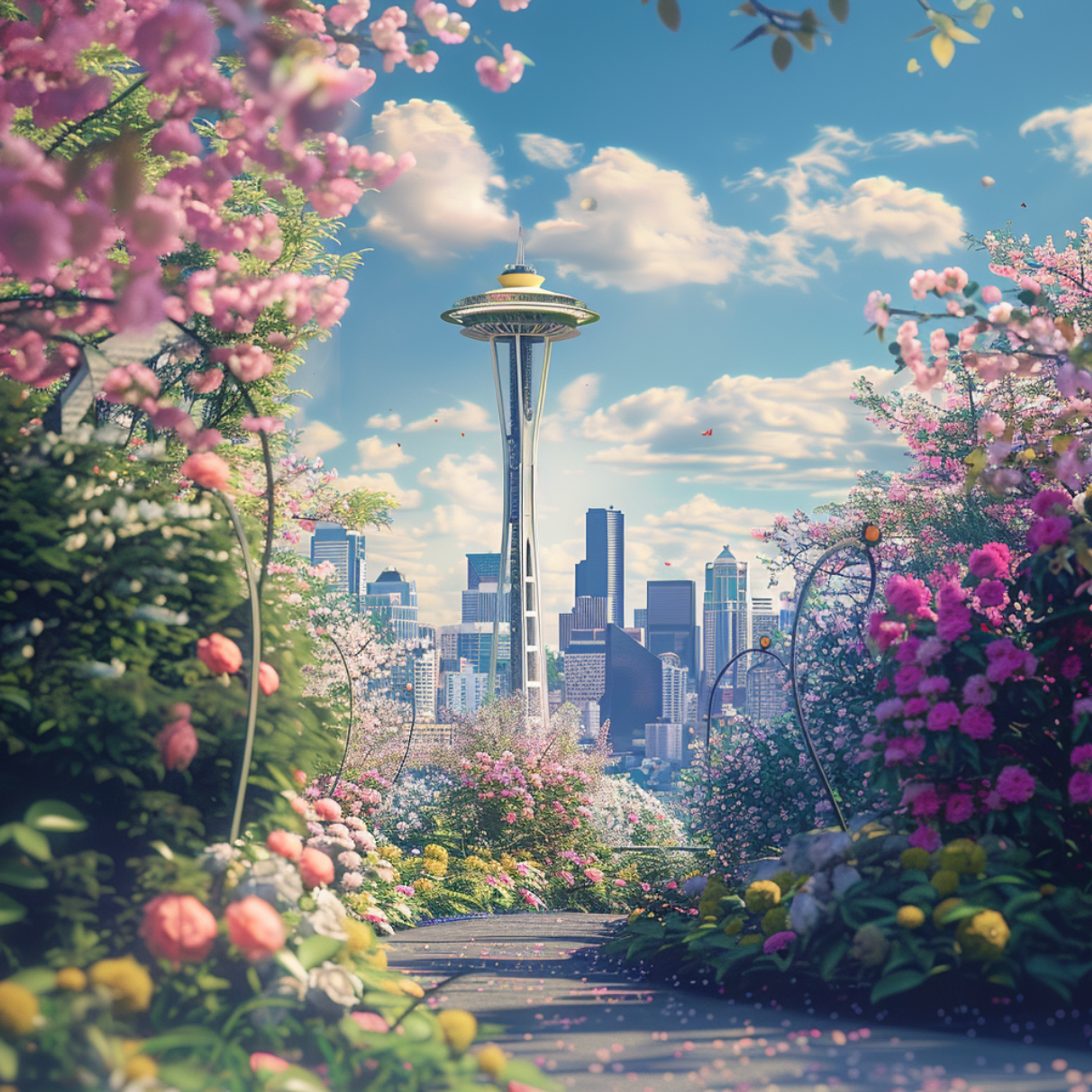 A picturesque pathway lined with an abundance of blooming pink and white flowers leads towards the iconic Space Needle, set against the Seattle skyline under a sunny sky dotted with fluffy clouds, capturing the essence of spring in Seattle, Washington.