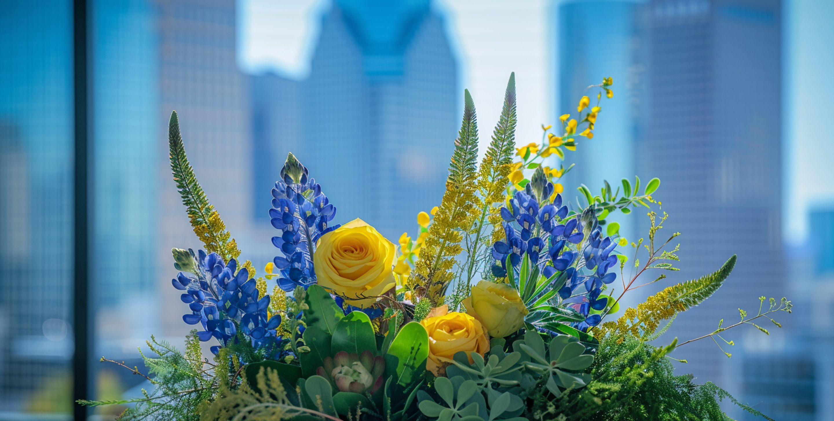 Close up flower arrangement featuring yellow roses and bluebonnets. The Houston skyline seen through an office window blurred in the background.