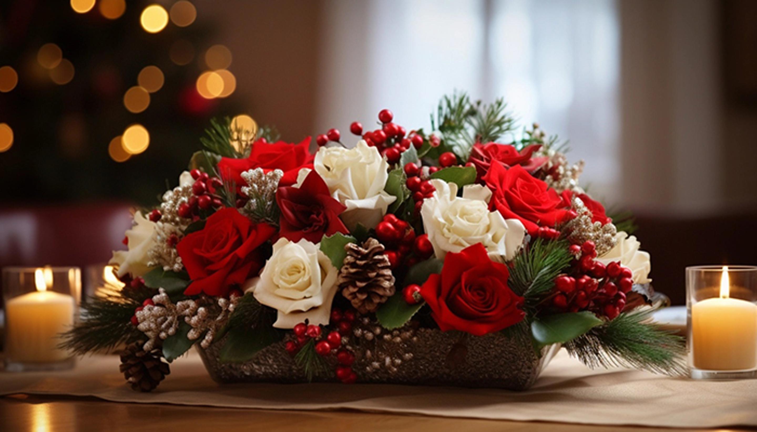 a christmas centerpiece with red and white roses , pine cones , berries and candles on a table .