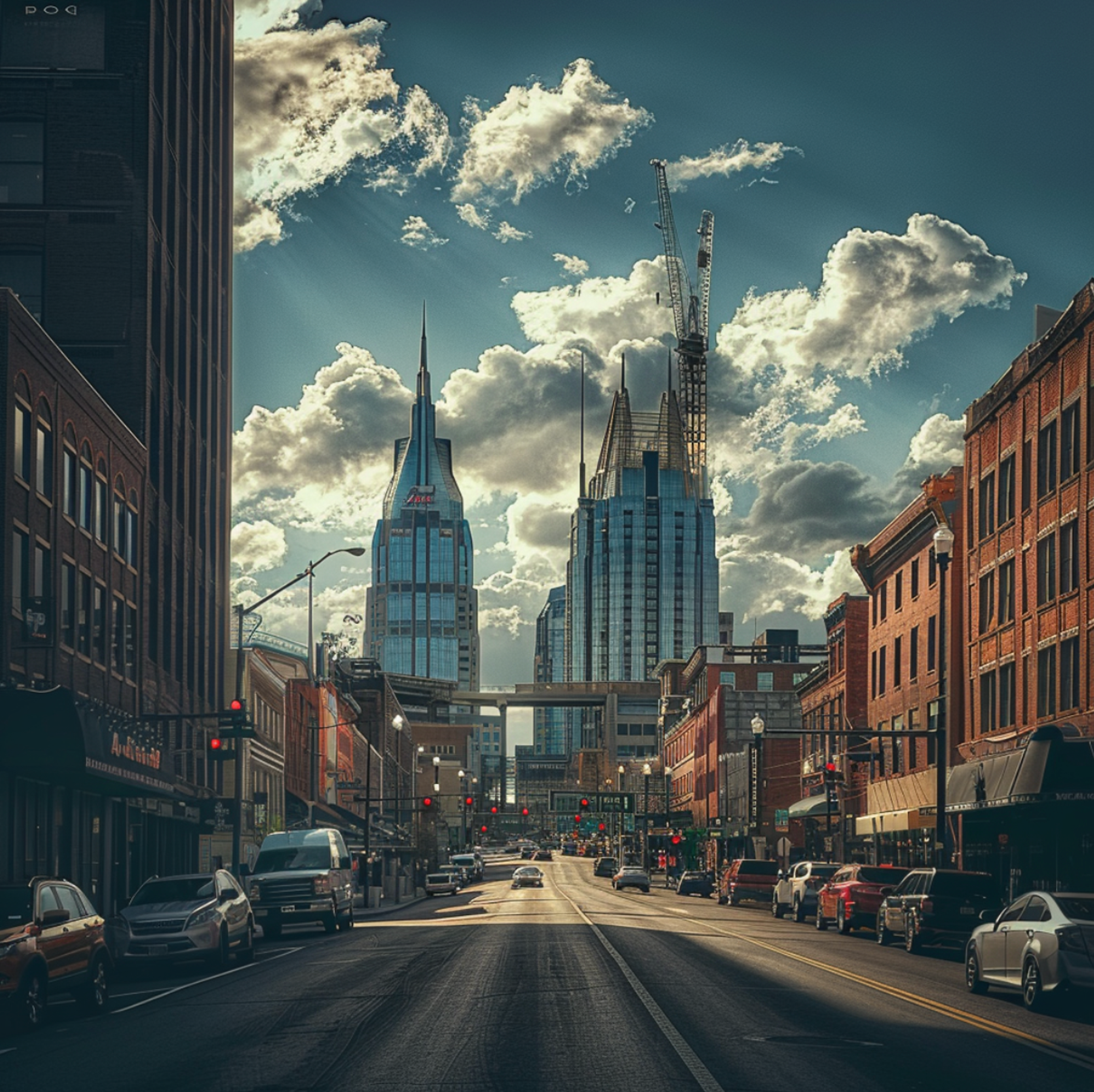 Dramatic clouds over Nashville, Tennessee, with rays of sunlight casting a glow on the AT&T Building, known as 'The Batman Building,' and the bustling street life along Broadway, showcasing the city's vibrant music scene and growing skyline.