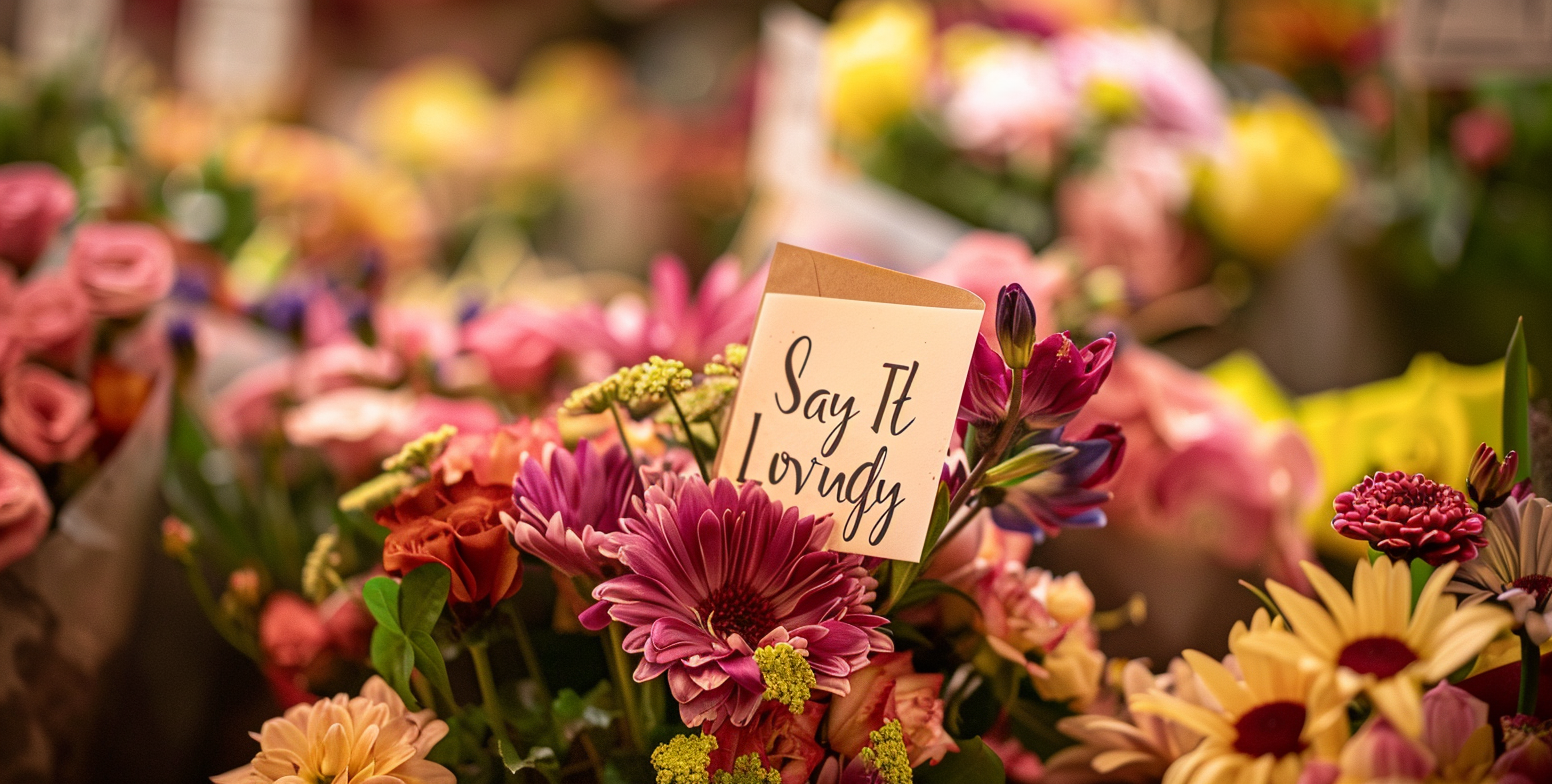 a bunch of flowers with a card that says say it lovingly