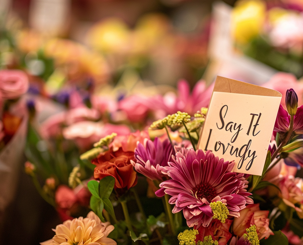 A rich assortment of colorful flowers, including pink gerberas, orange roses, purple lilies, and yellow daisies, with a card prominently displayed in the center that reads 'Say it Lovingly' in elegant script on a beige background.