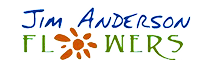 Logo for Jim Anderson Flowers with an orange flower replacing the "O" in Flowers.