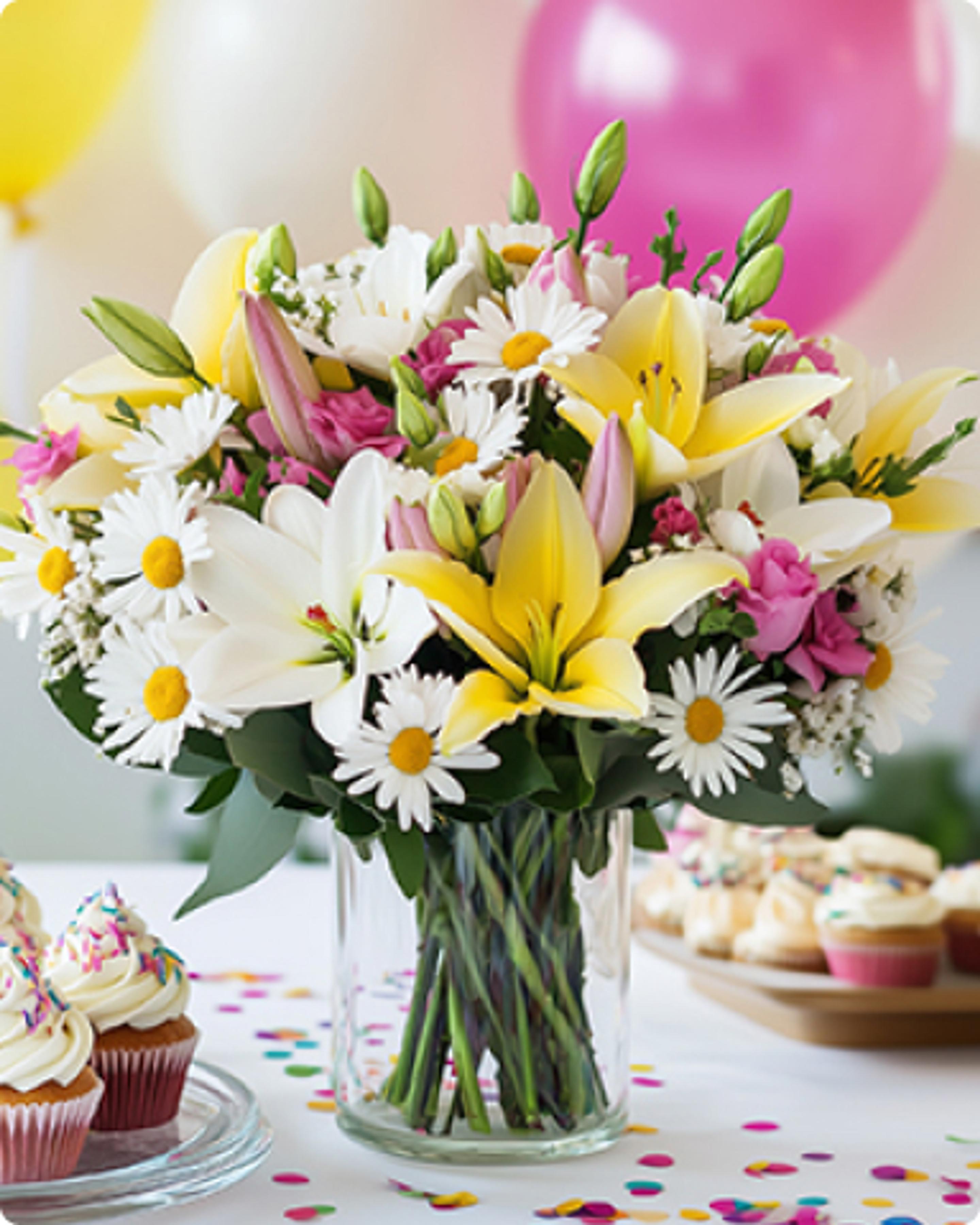 a vase filled with flowers is sitting on a table next to cupcakes and balloons .