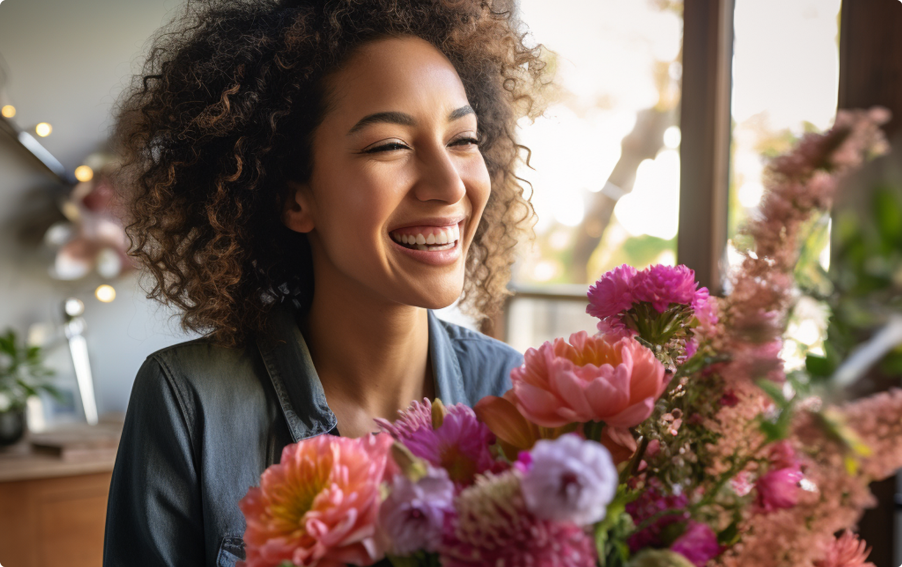 Woman Smiling Getting Flowers - Beautiful Bouquet with pink, coral, and purple flowers.