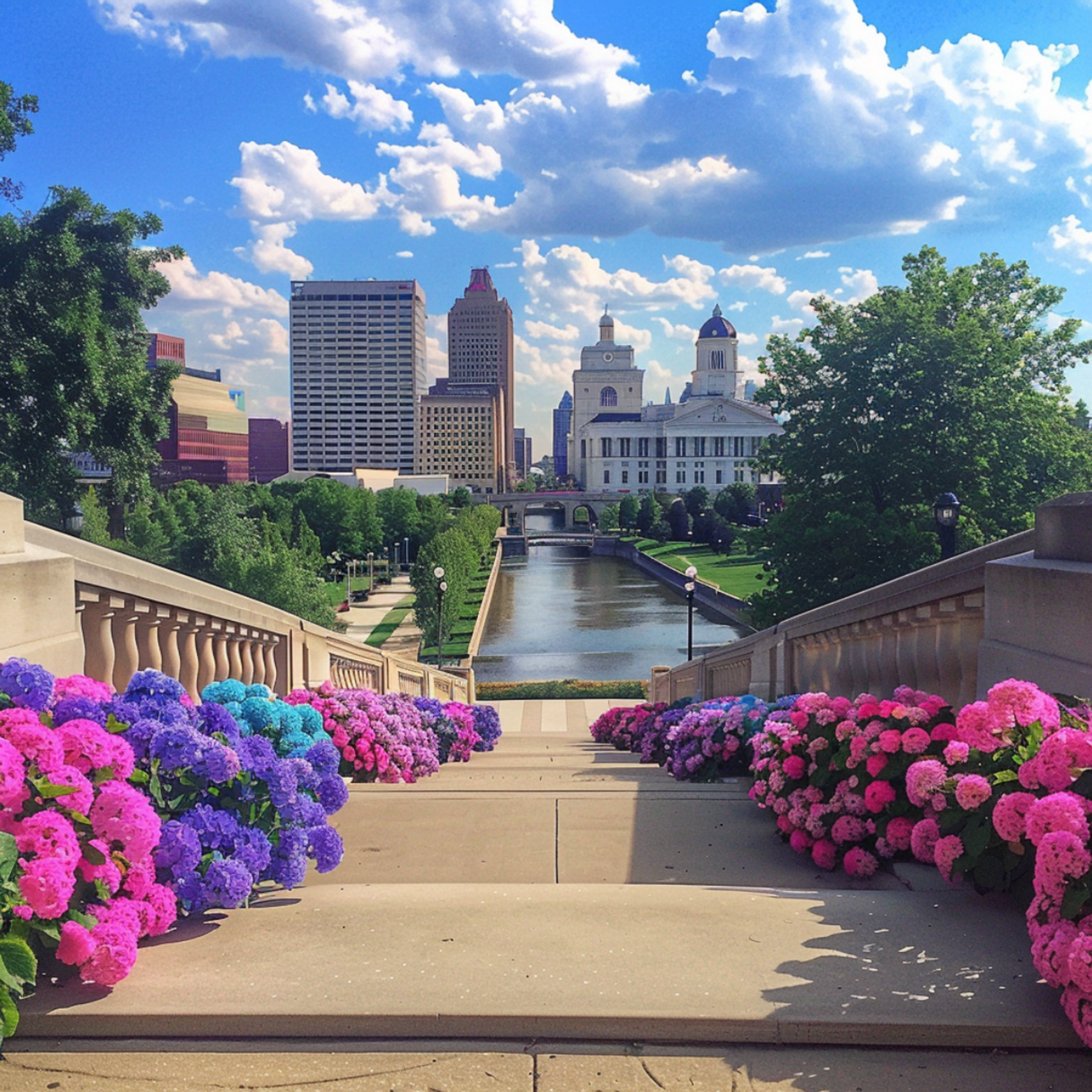 Sunny day in Columbus, Ohio, with a view down the grand staircase lined with vibrant hydrangeas leading to the Scioto River, with the cityscape and the Ohio Statehouse in the distance.