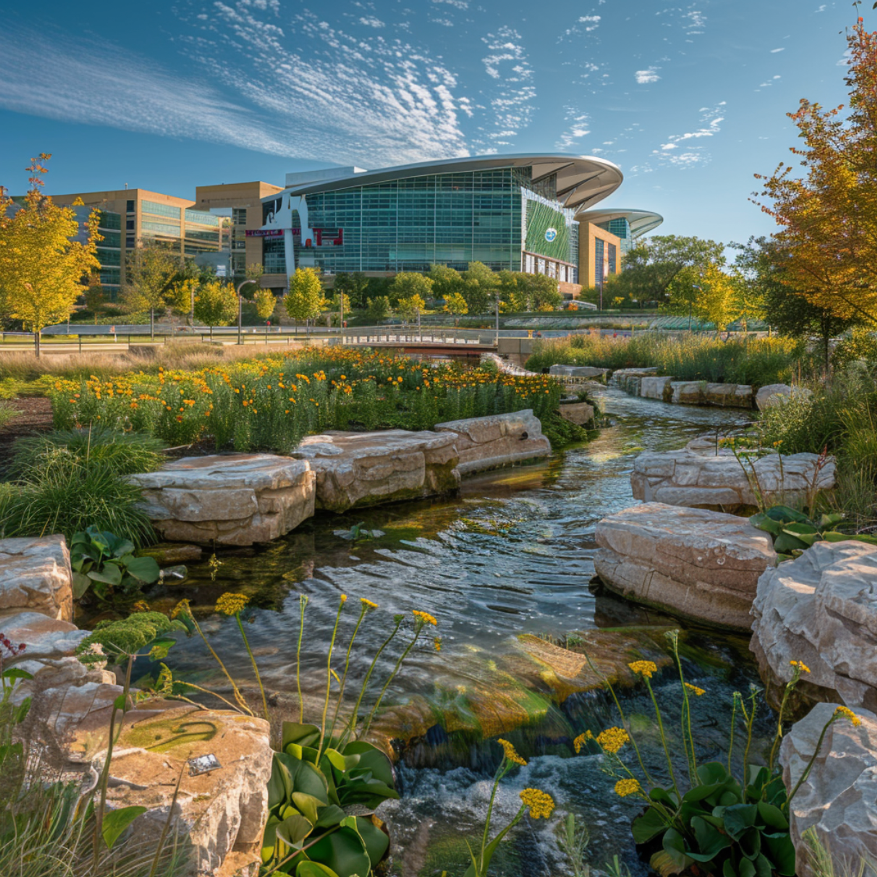 Summer day at the Titletown district in Green Bay, Wisconsin, with a naturalistic stream and native plants in the foreground leading to the iconic Lambeau Field, home of the Green Bay Packers, symbolizing the city's love for football and the outdoors.