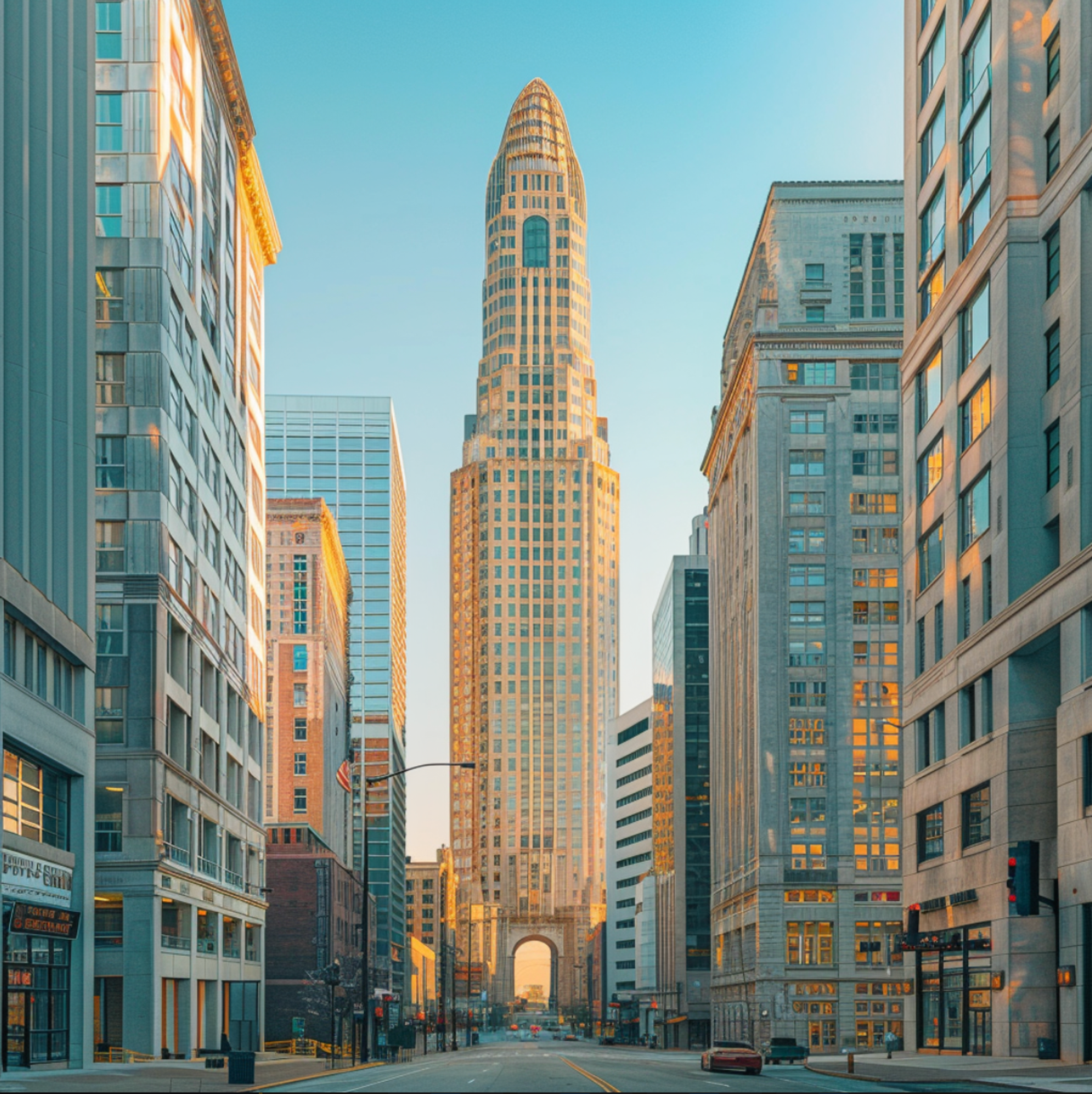 Early morning light bathes the historic architecture of Cincinnati, Ohio, with the art deco Carew Tower standing tall at the city's center, flanked by modern and classic buildings along the quiet downtown street.