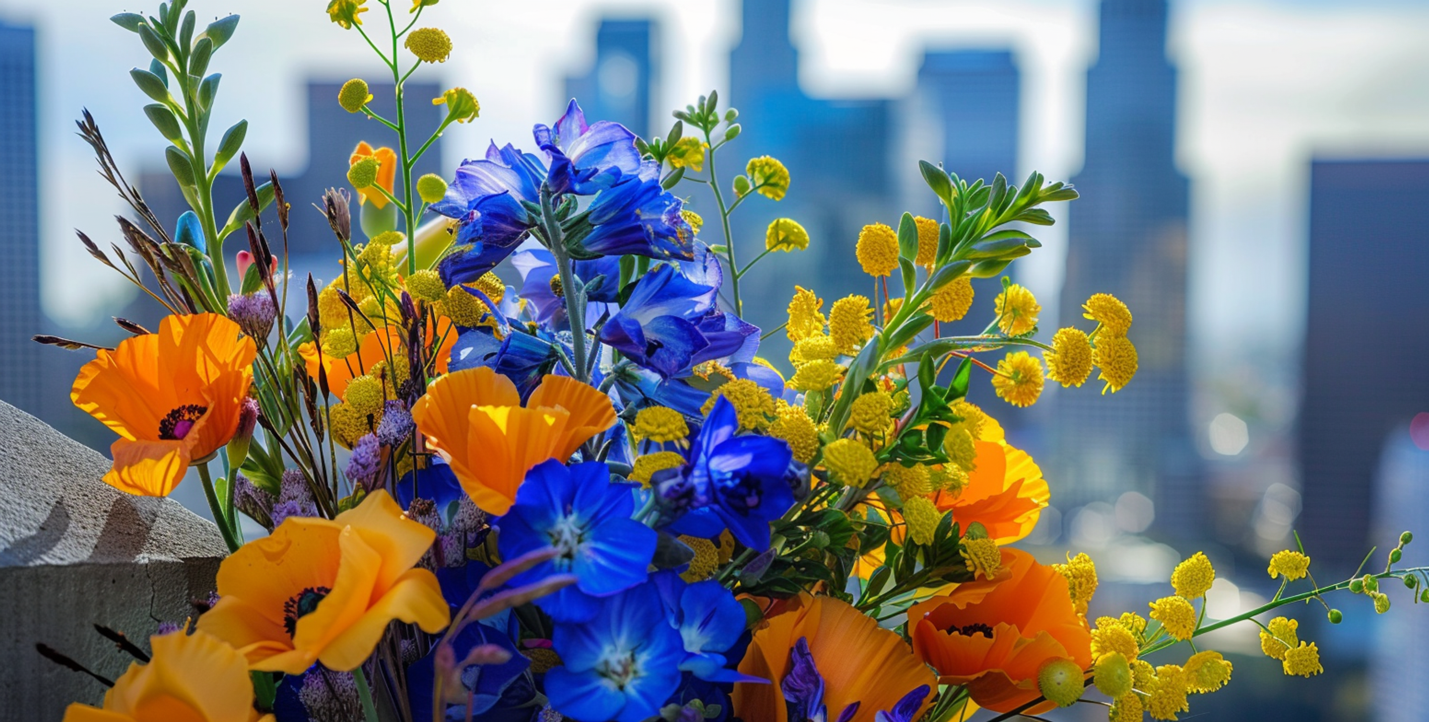 California Poppy, Blue Delphinium, Eucalyptus Leaves, and Yellow Flowers with the Los Angeles skyling in the background