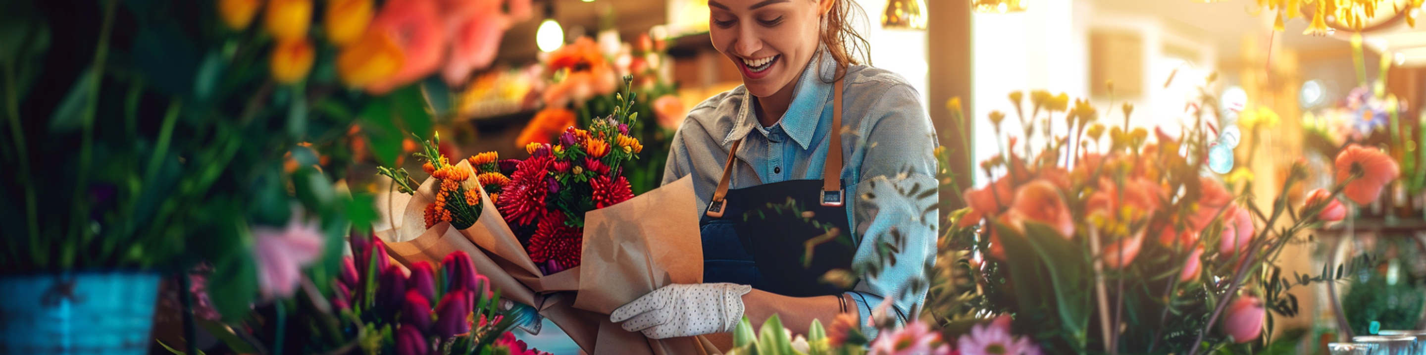 A joyful florist in a denim shirt and black apron, with white dotted gloves, prepares vivid red and orange bouquets wrapped in brown kraft paper in a sunlit flower shop. Foreground bursts with life showcasing a bokeh of pink and yellow blooms, while the florist's engaging smile reflects the swift and heartfelt service of express flower delivery.