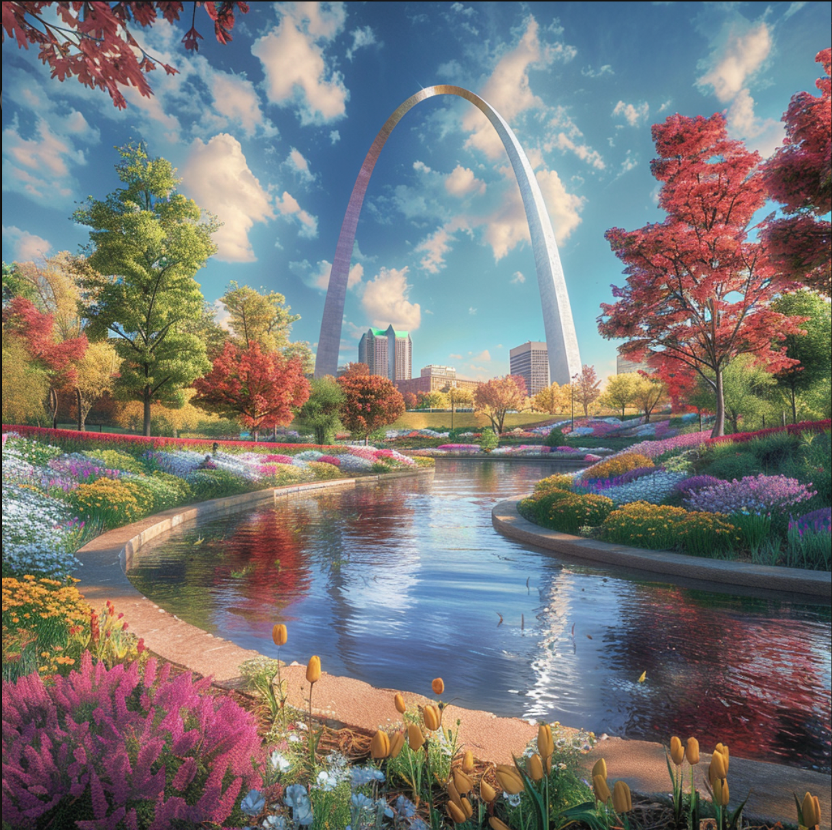 The iconic Gateway Arch in St. Louis, MO, creates a stunning backdrop to a vibrant park brimming with richly colored flowers and a meandering river, embodying the spirit of St. Louis and the joy of flower delivery services in the area.
