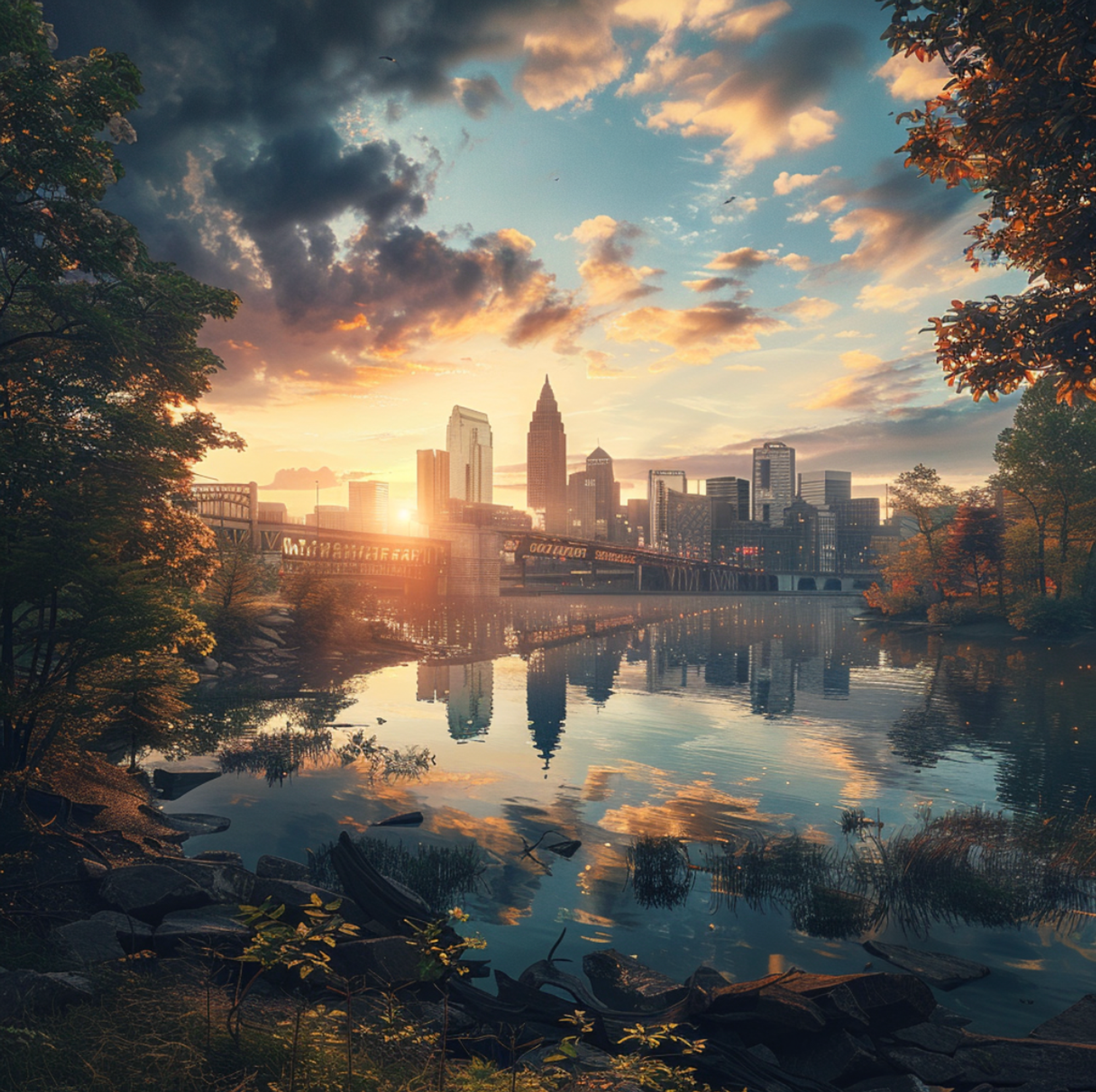 Sunrise over Cleveland, Ohio, with the city skyline reflecting on the calm waters of the Cuyahoga River, framed by verdant foliage and the dawning sky, evoking the city's serene beauty and dynamic urban life.