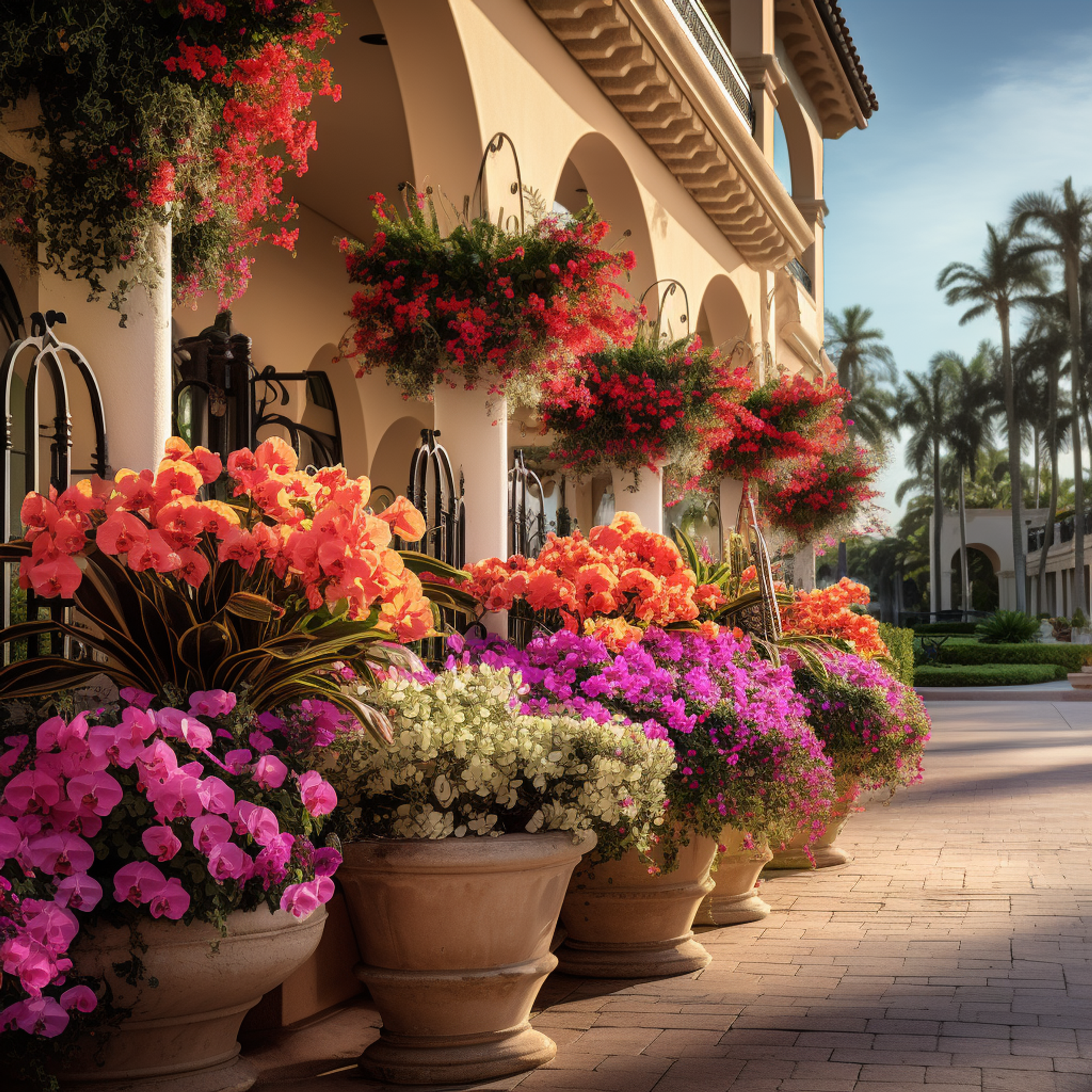 West Palm Beach Flower lined street Spanish style architecture and cobblestone street, palm trees in background