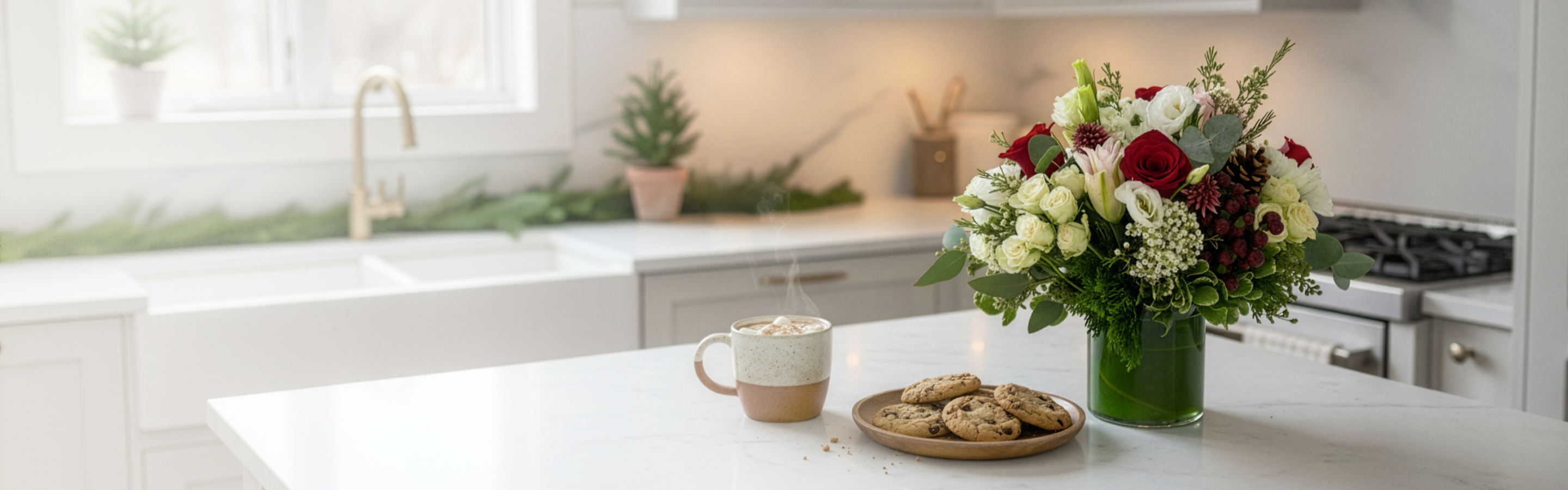 A cozy kitchen scene with a red and white floral arrangement, a steaming mug, and cookies on a white countertop.