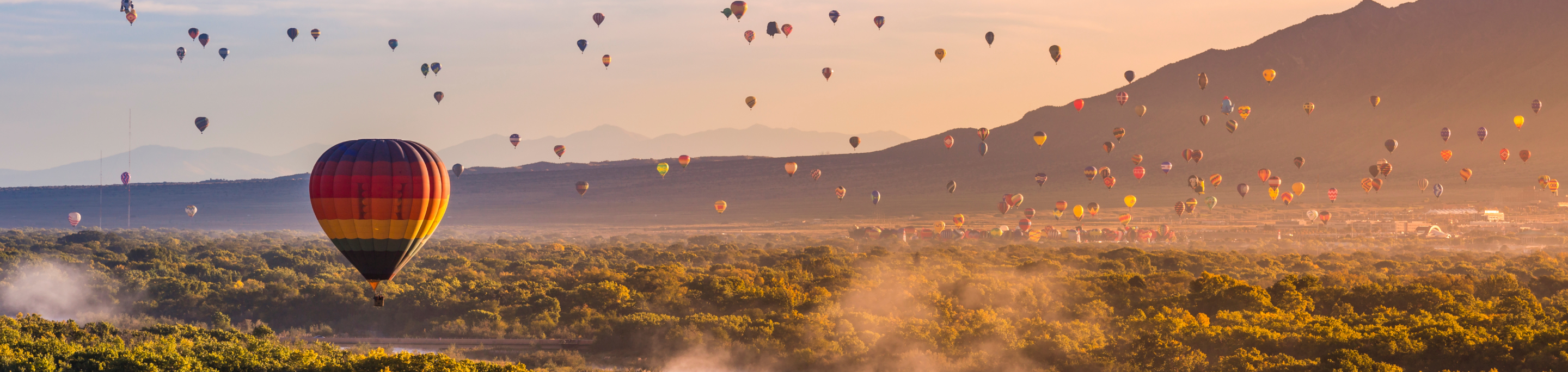 Hot air balloons in closeup with a blurred background of more balloons filling the sky over a lush landscape at sunrise during the Albuquerque International Balloon Fiesta in New Mexico.