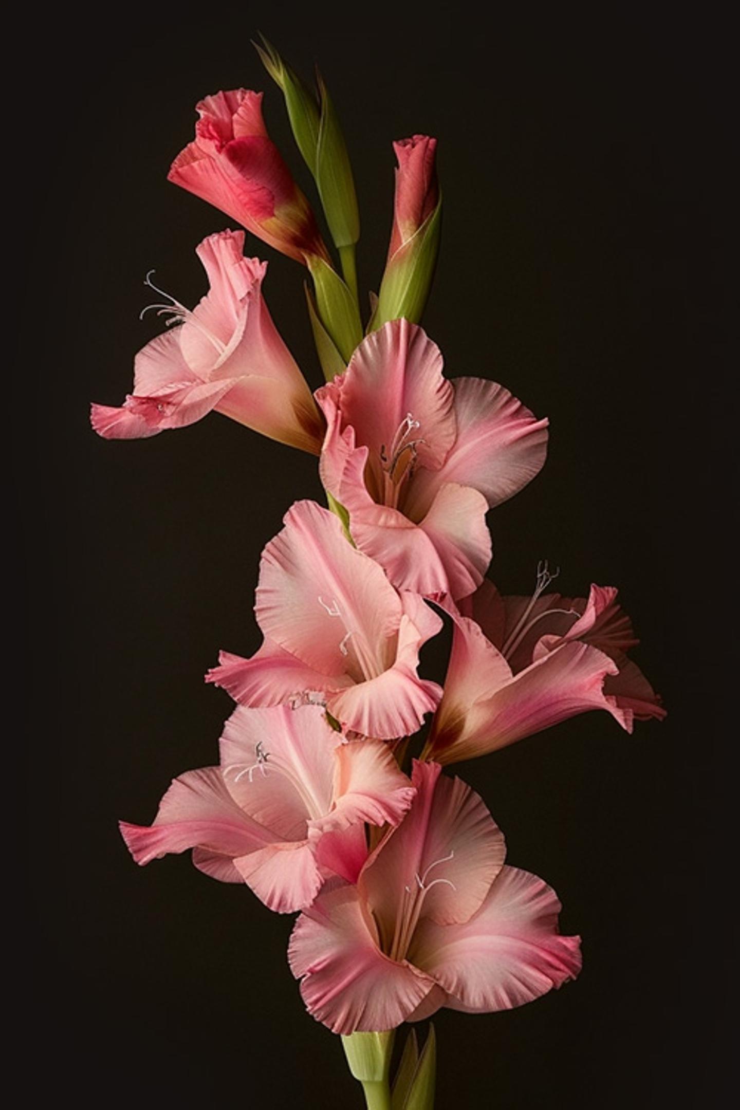 pink gladiolas on a black background