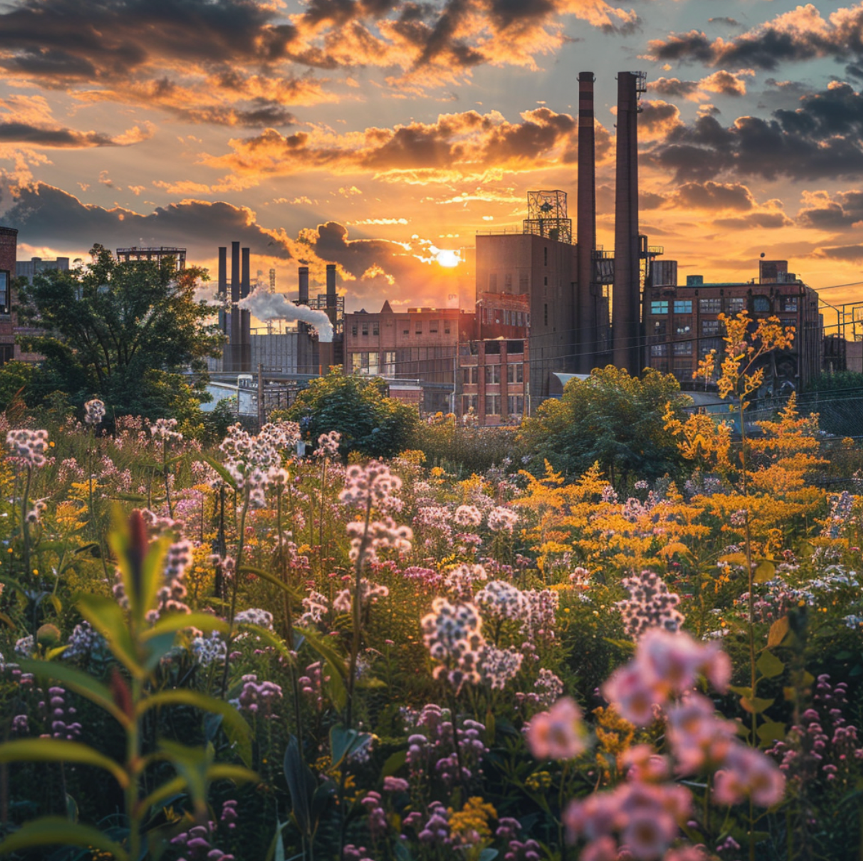 Golden sunset over Youngstown, Ohio, with historic industrial buildings silhouetted against the glowing sky, and wildflowers in the foreground adding a touch of natural beauty, symbolizing the harmony between urban landscapes and flower delivery services in Youngstown.