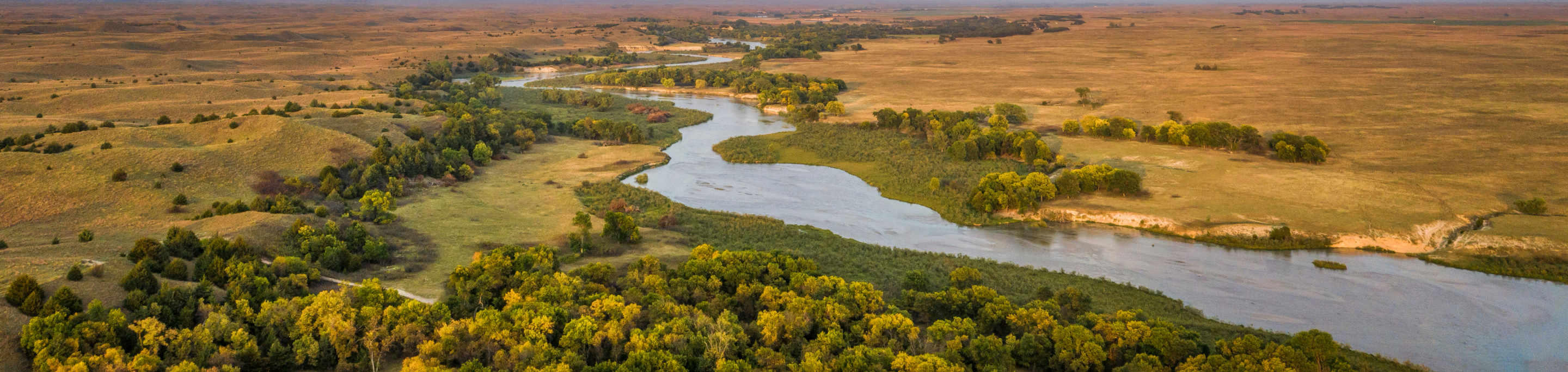 A winding river in closeup with a blurred background of rolling prairies and scattered trees under a golden evening sky in the Sandhills region of Nebraska.