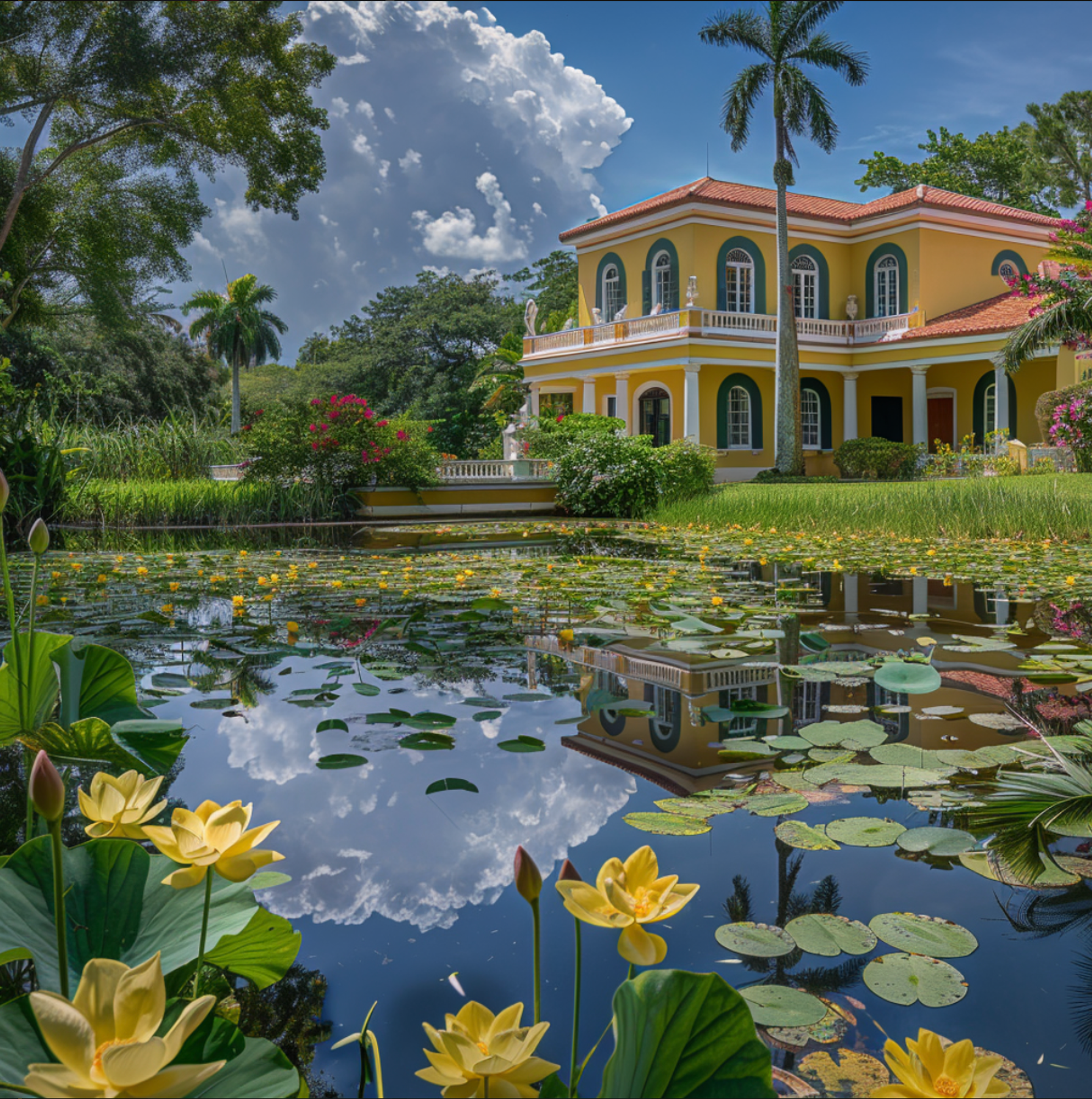 Elegant yellow mansion with stately columns in Homestead, FL, overlooking a tranquil lily-pad adorned pond, with blooming yellow water lilies reflecting the sunlit sky, showcasing the region's picturesque landscapes ideal for local flower delivery.