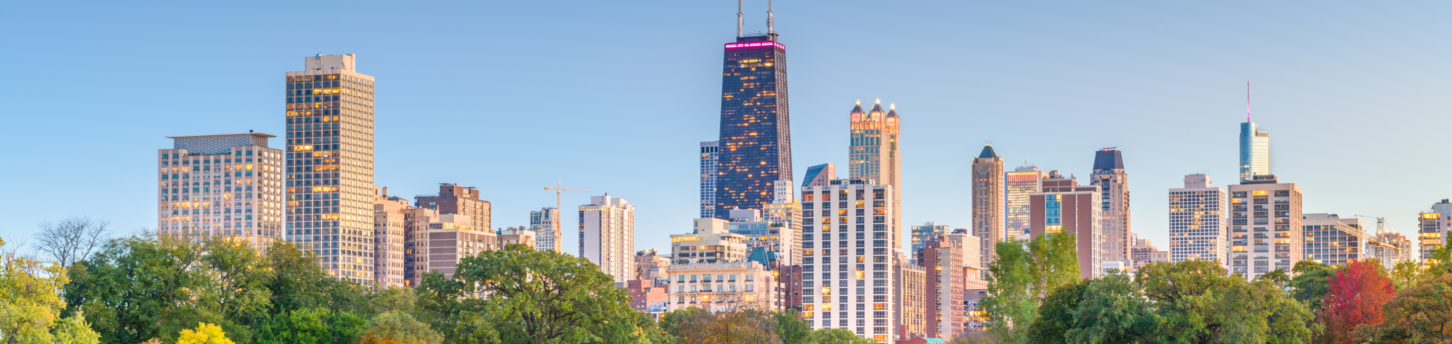 The Chicago skyline in closeup with a blurred background of lush trees and vibrant autumn foliage under a clear evening sky in Illinois.