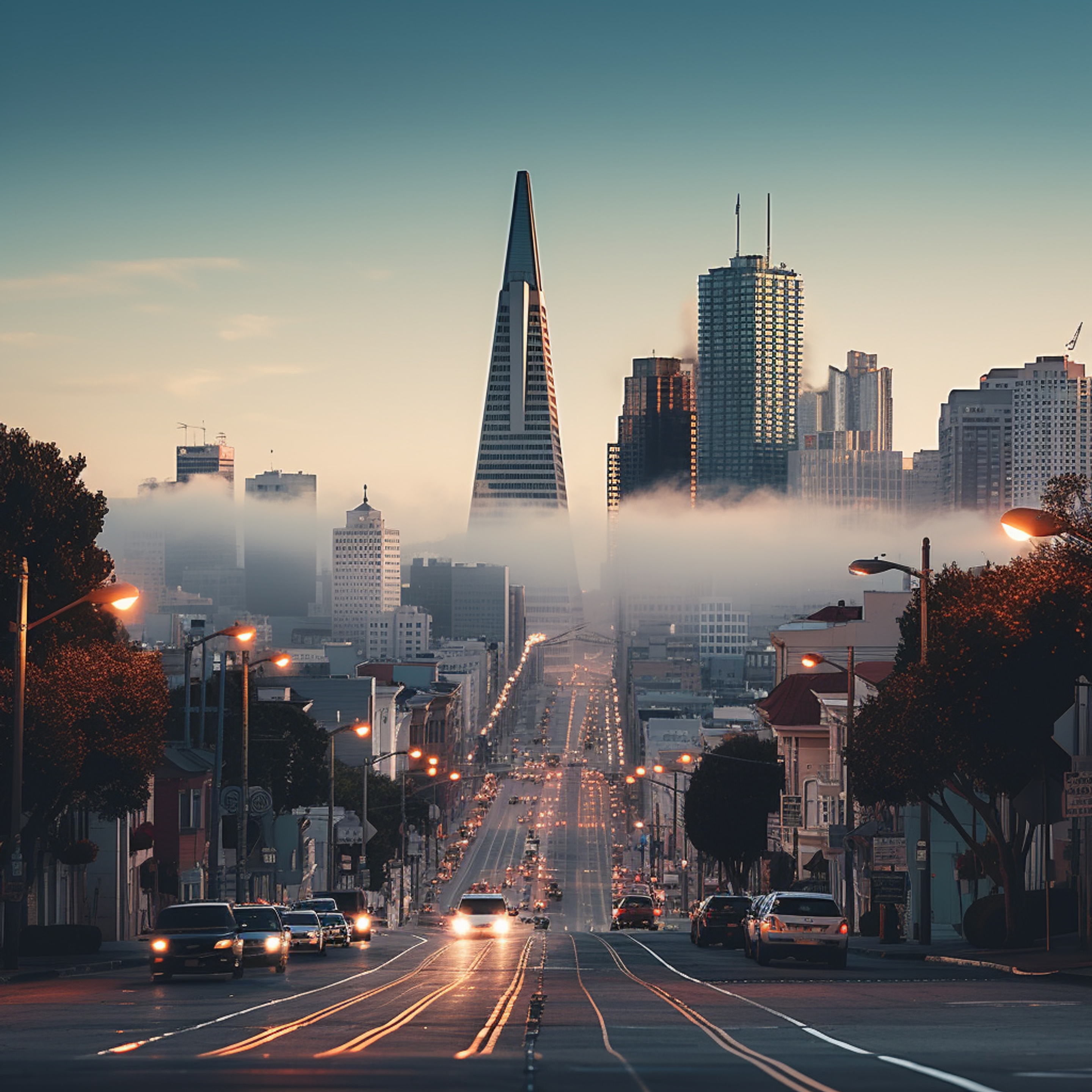 A scenic view of San Francisco at dusk or dawn, with the iconic Transamerica Pyramid centering the composition. Fog, known as the city's natural blanket, gently obscures the lower portions of the skyscrapers.