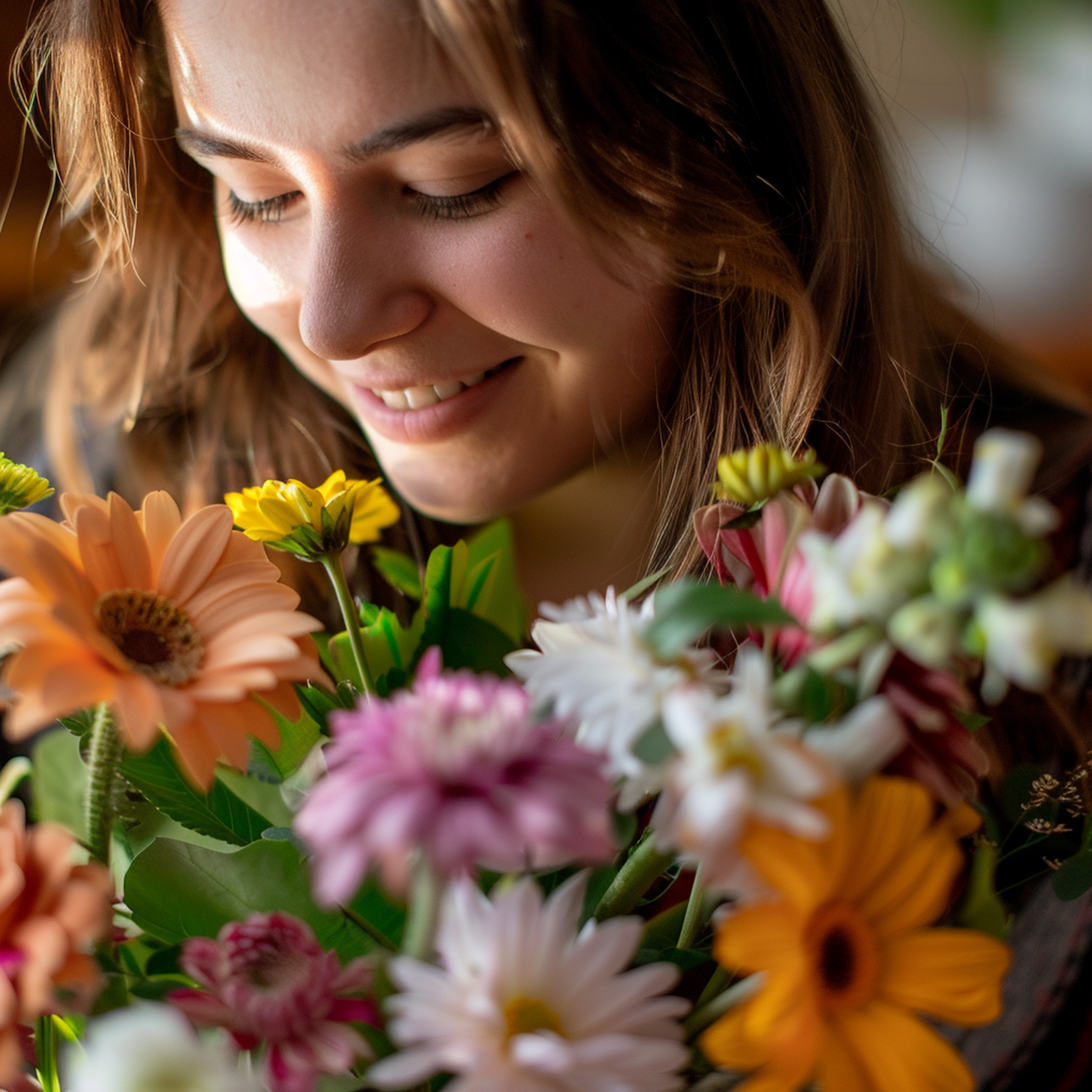 Close-up of a young woman with light brown hair smiling gently as she admires a bouquet of vibrant flowers, including pink, yellow, and white daisies and orange gerberas.