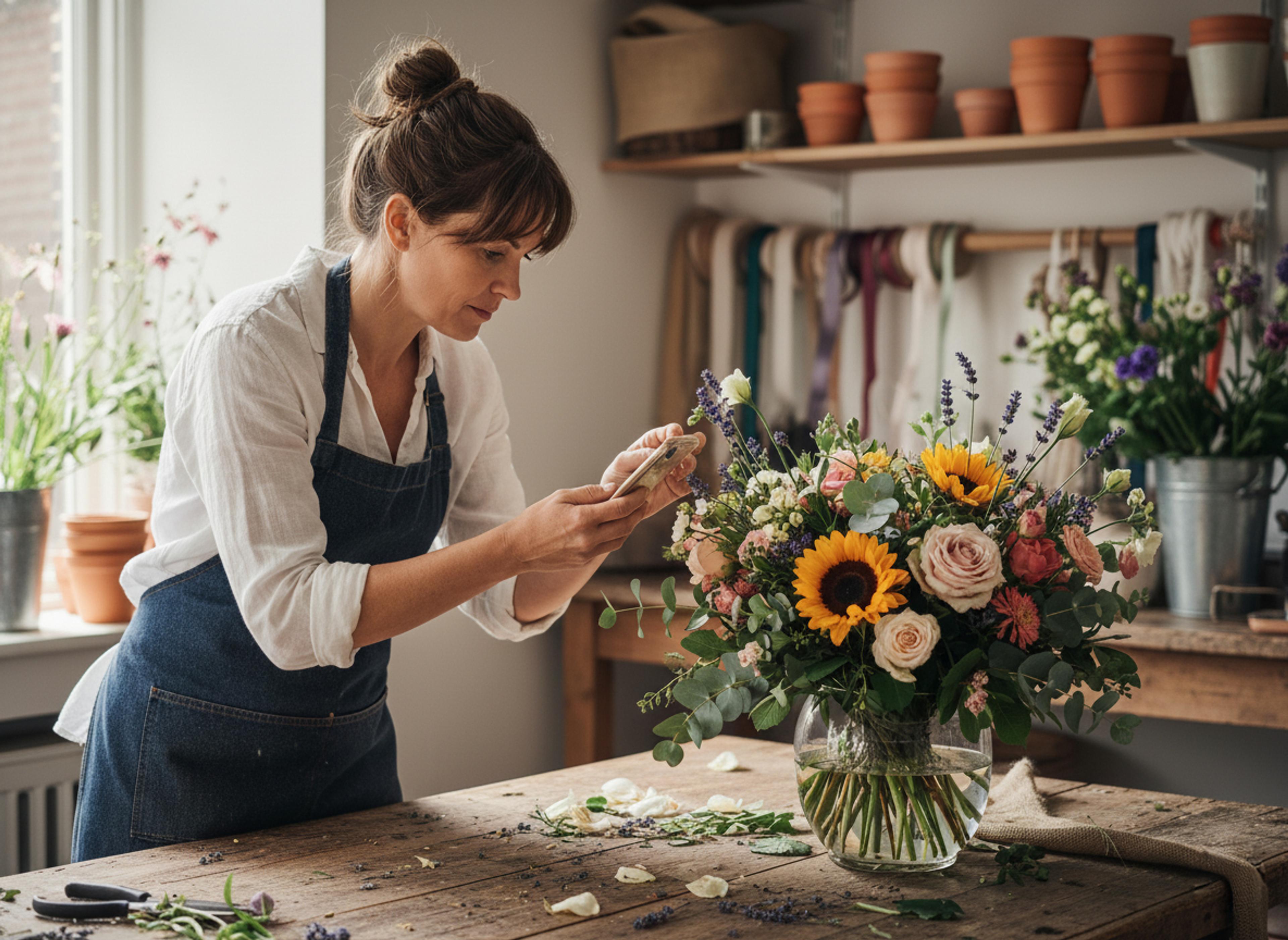 A florist photographs a colorful bouquet of sunflowers and roses in her workshop.