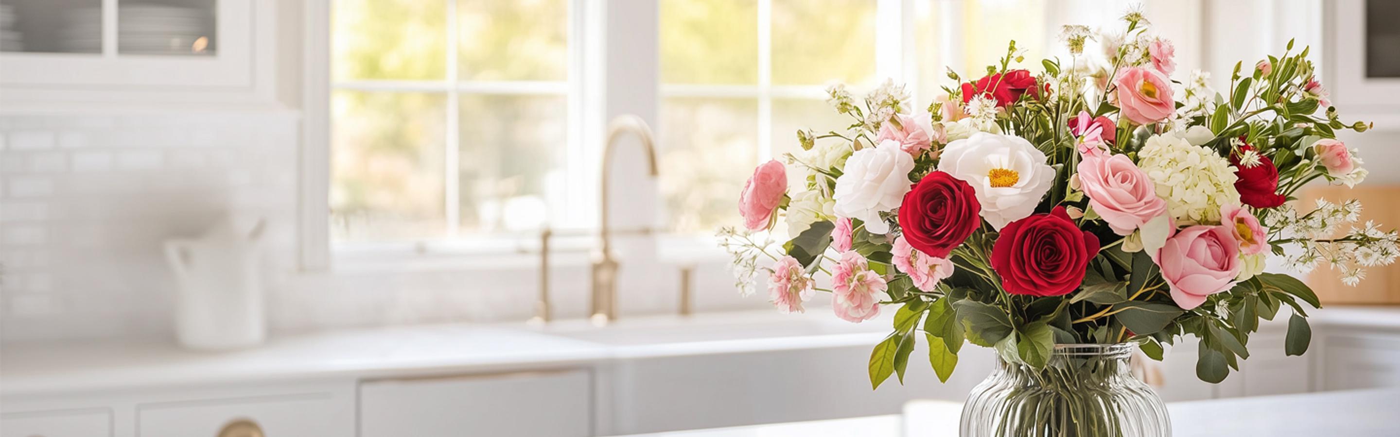 a vase filled with pink and red roses is sitting on a kitchen counter .