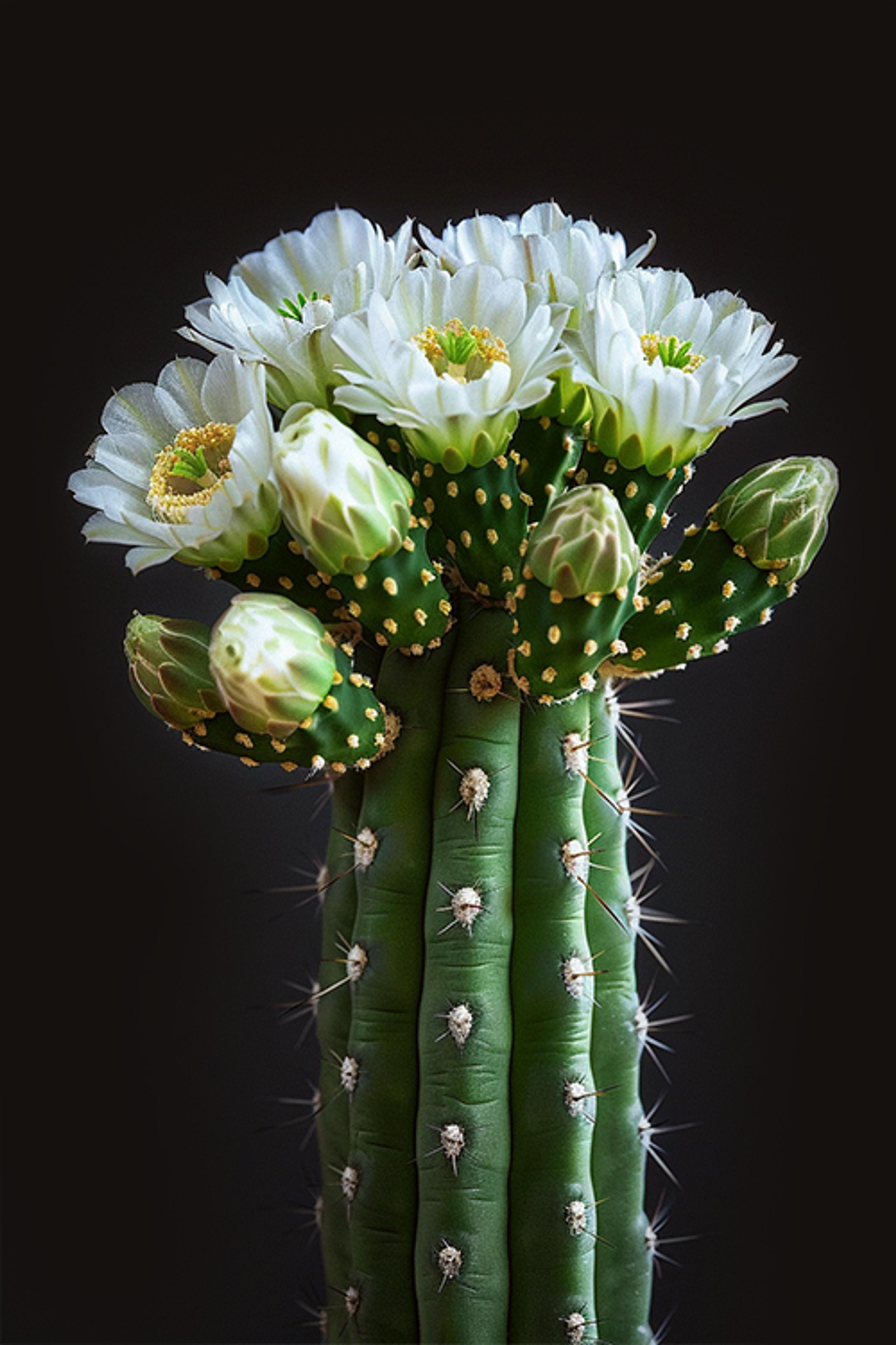 A Saguaro Cactus Blossom in closeup, showcasing its vibrant green stem and clusters of pristine white flowers, all set against a dark background.