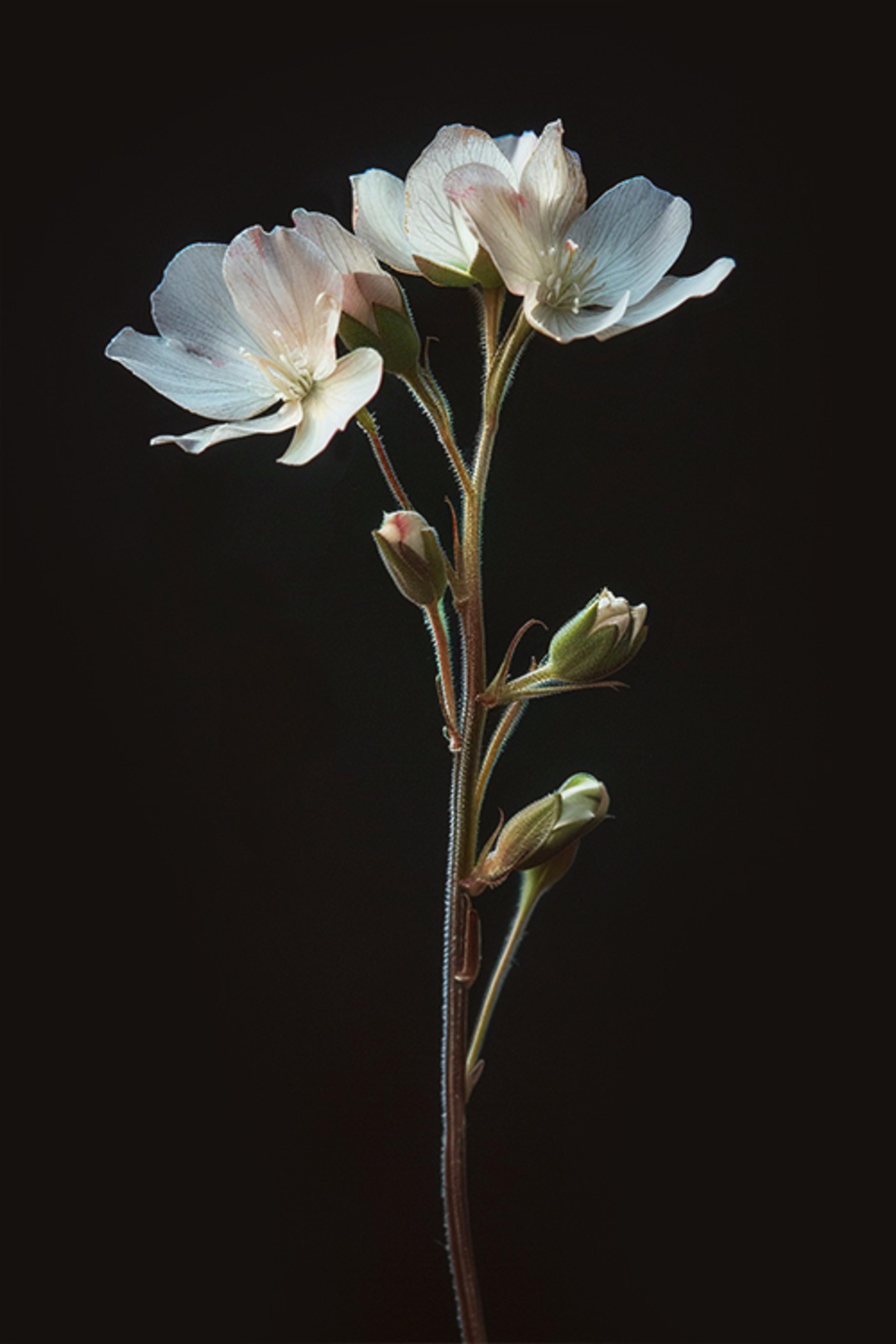 A delicate Mayflower (Trailing Arbutus) in closeup with a blurred background, featuring soft white petals tinged with pale pink and accompanied by small, unopened buds, set against a dark backdrop.