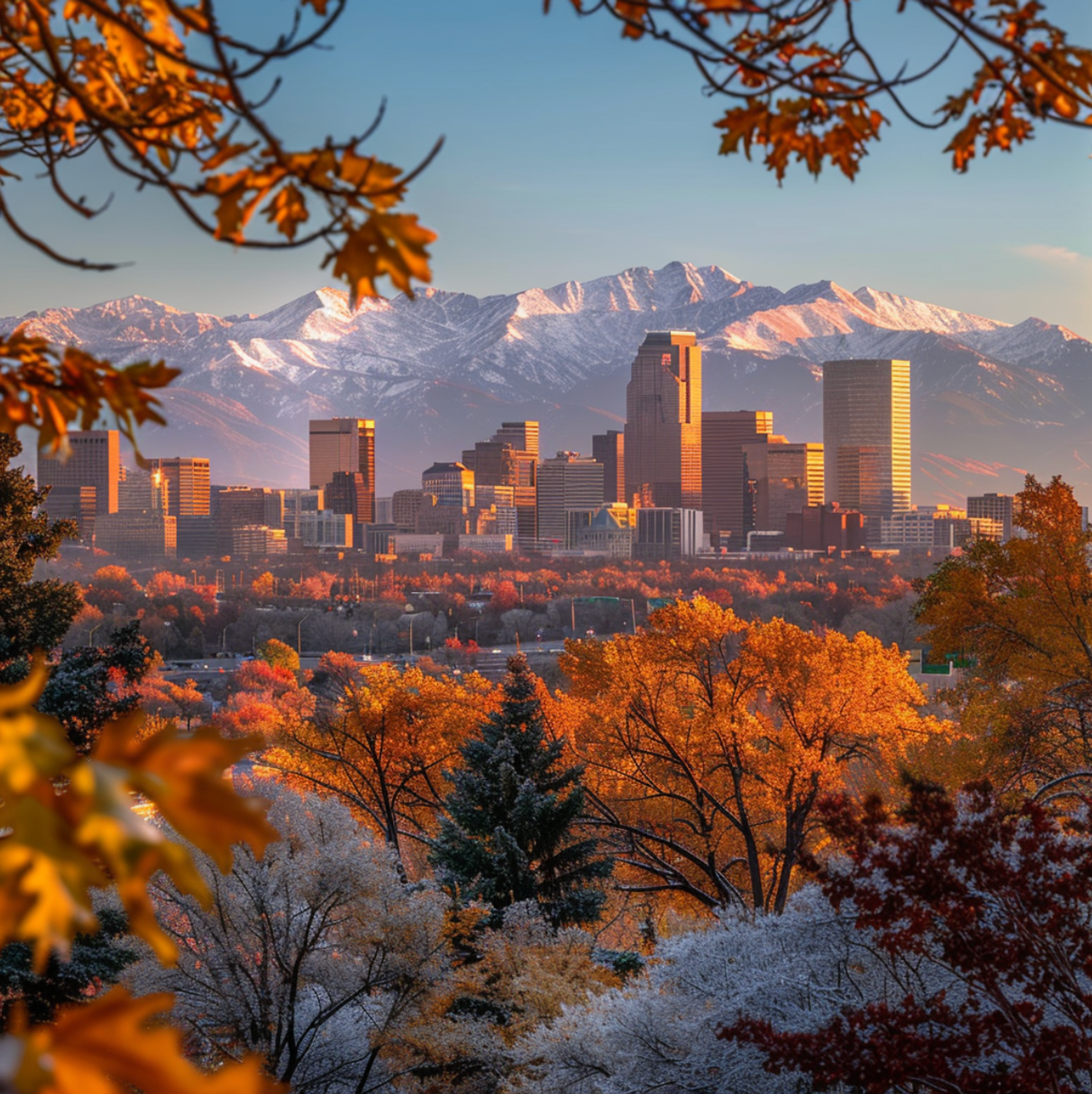 Autumnal view of Denver, Colorado skyline with vibrant orange and yellow foliage in the foreground and the majestic snow-capped Rocky Mountains in the background, symbolizing the natural beauty and urban balance of Denver.