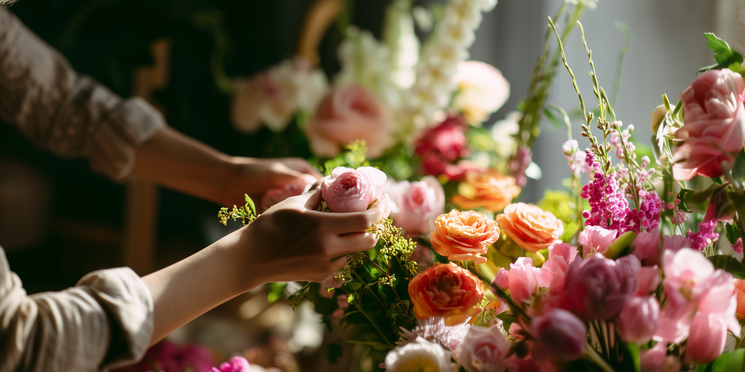 Hands arranging a vibrant bouquet of pink and orange flowers.