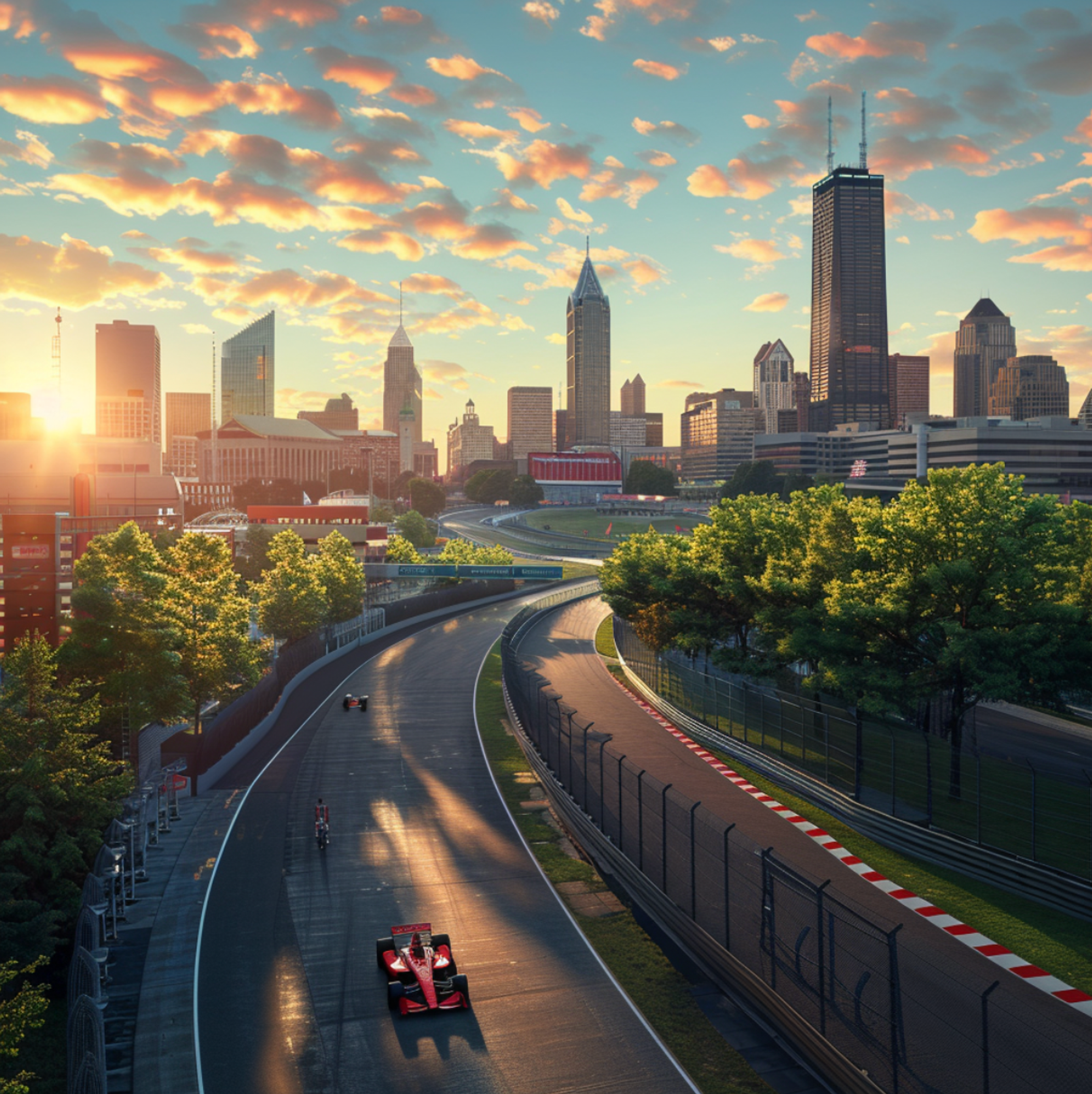 Dawn at the Indianapolis Motor Speedway with Formula racing cars on the track, showcasing the city’s skyline in the background bathed in the soft light of sunrise, reflecting Indianapolis's rich automotive racing heritage.