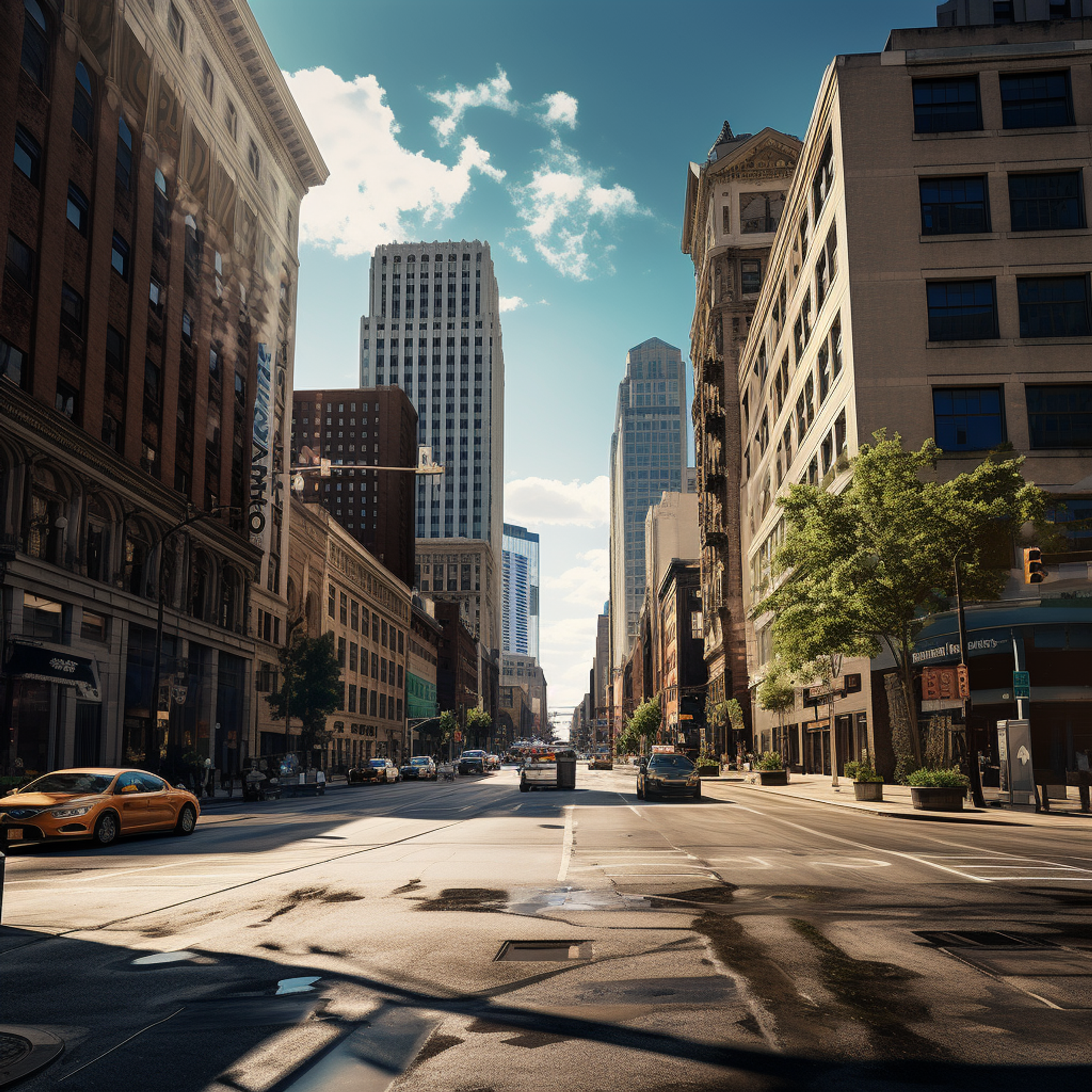 Sunny day view down a bustling Detroit street lined with a mix of historic and modern buildings, with clear blue skies above and light traffic on the road, highlighting the city's urban architecture and vitality.