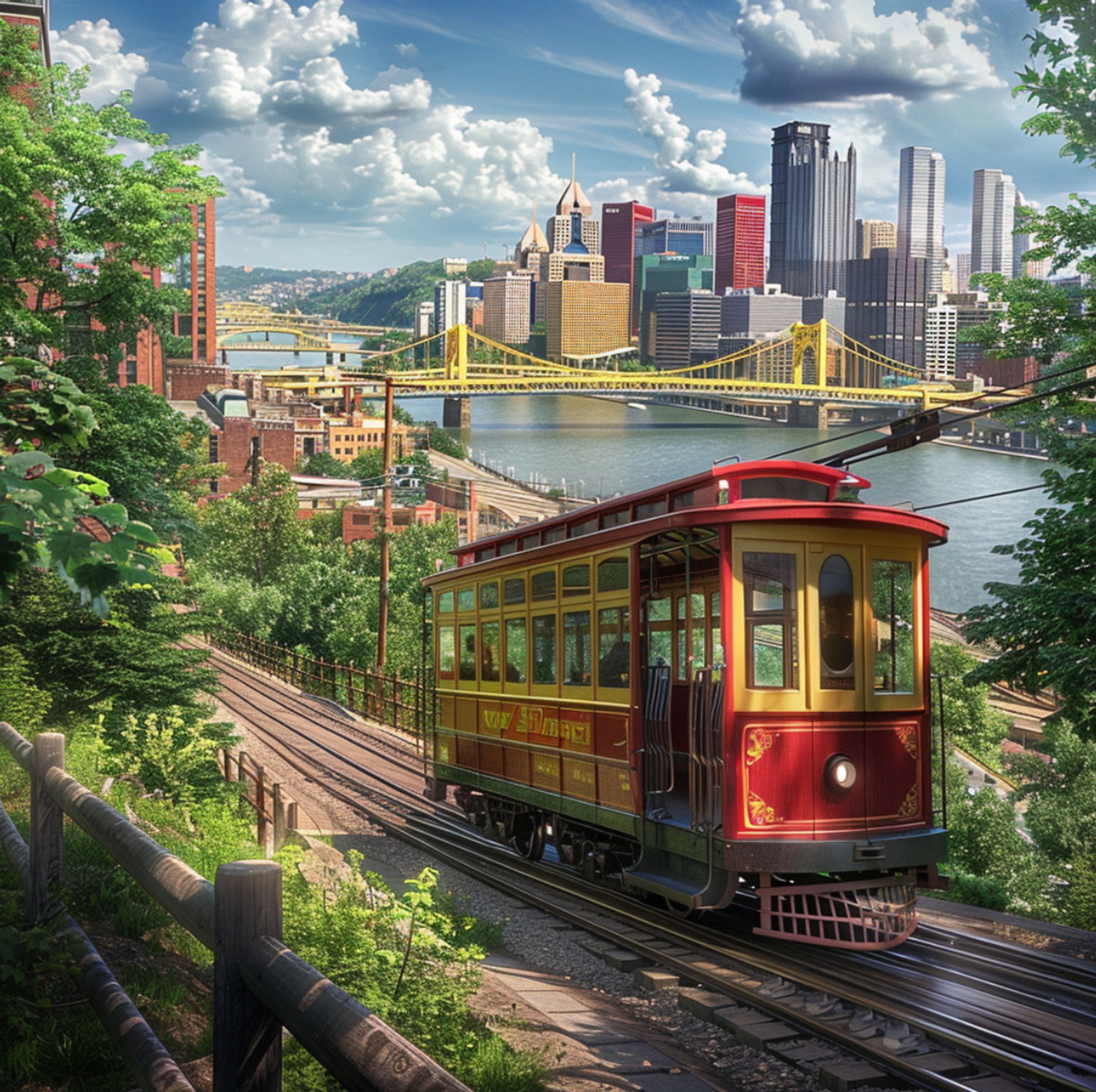 A historic red Duquesne Incline cable car ascends Mount Washington with a panoramic view of Pittsburgh, Pennsylvania, featuring the city's iconic yellow bridges and the downtown skyline on a clear, sunny day.