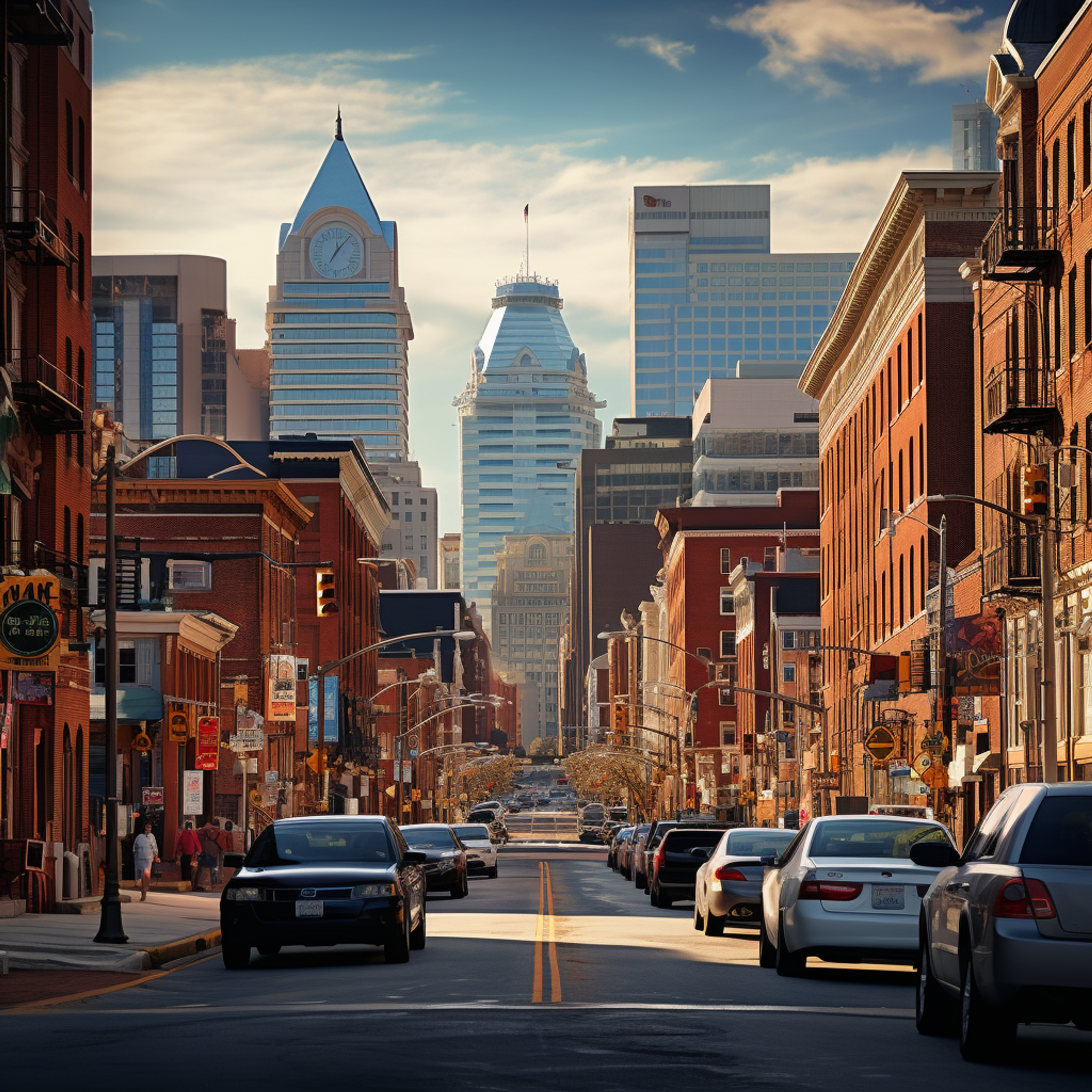 View of a bustling street in Baltimore, with a line of parked cars on either side, and historic red brick buildings leading up to modern skyscrapers in the distance under a clear blue sky.
