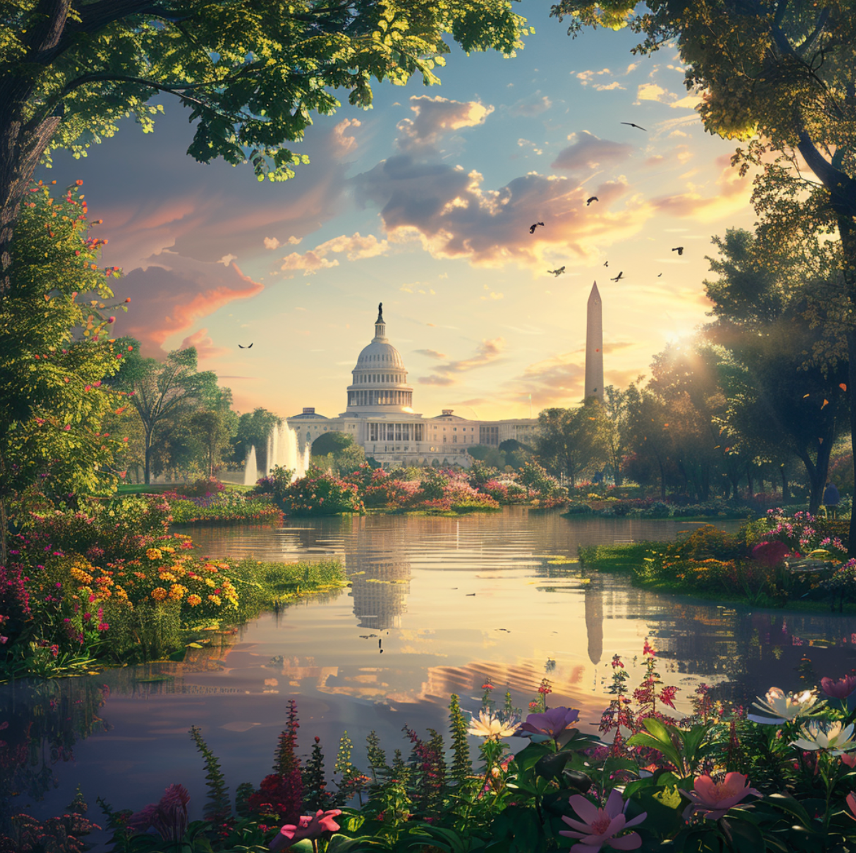Enchanting sunset view of the United States Capitol Building and Washington Monument in Washington, D.C., with reflections on a calm pond surrounded by lush gardens and flowering plants, conveying the capital's historical significance amidst natural beauty.