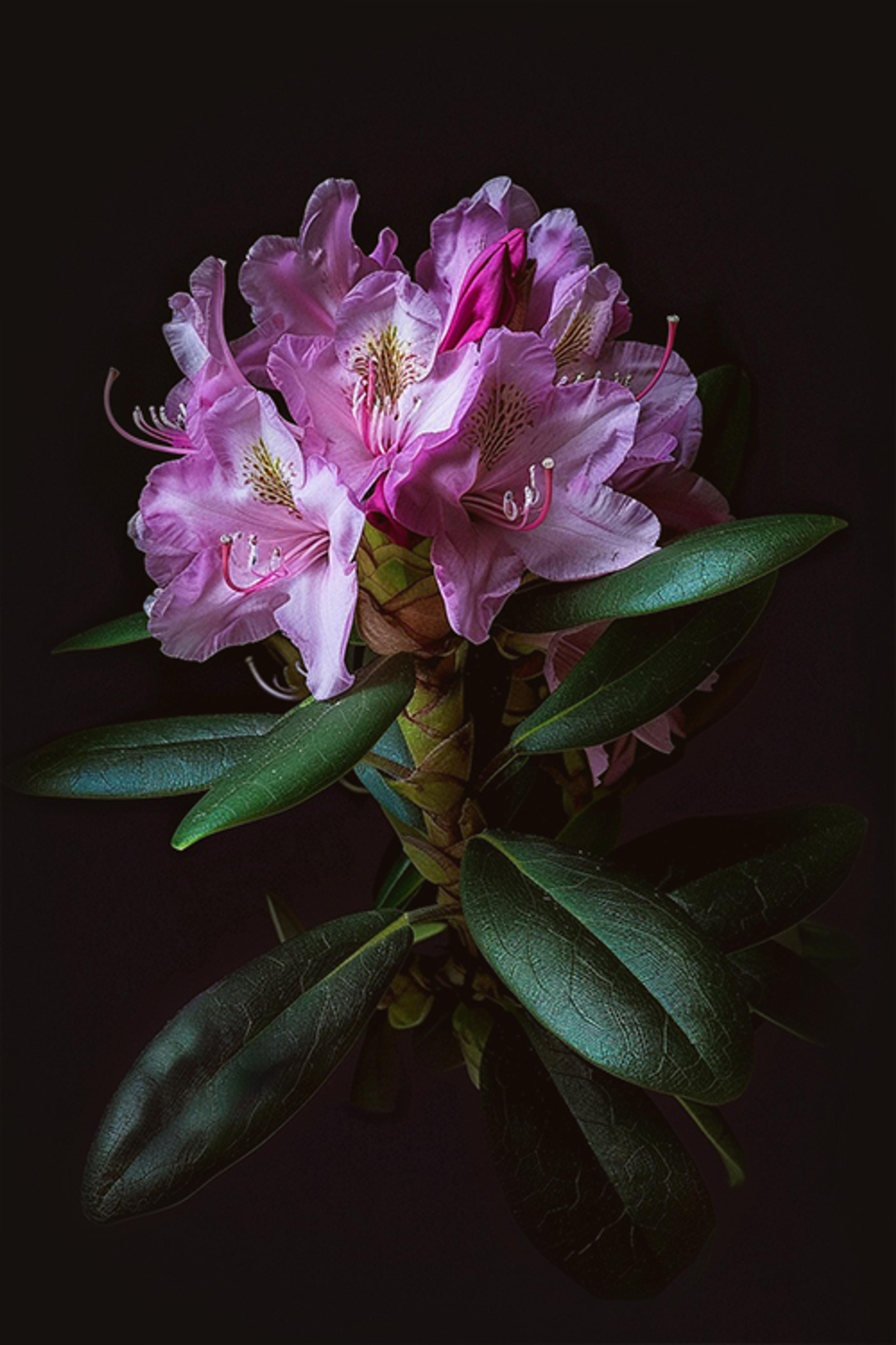 A cluster of Rhododendron blossoms, with delicate pink petals and prominent stamens, surrounded by large, dark green leaves, all framed against a dark background.