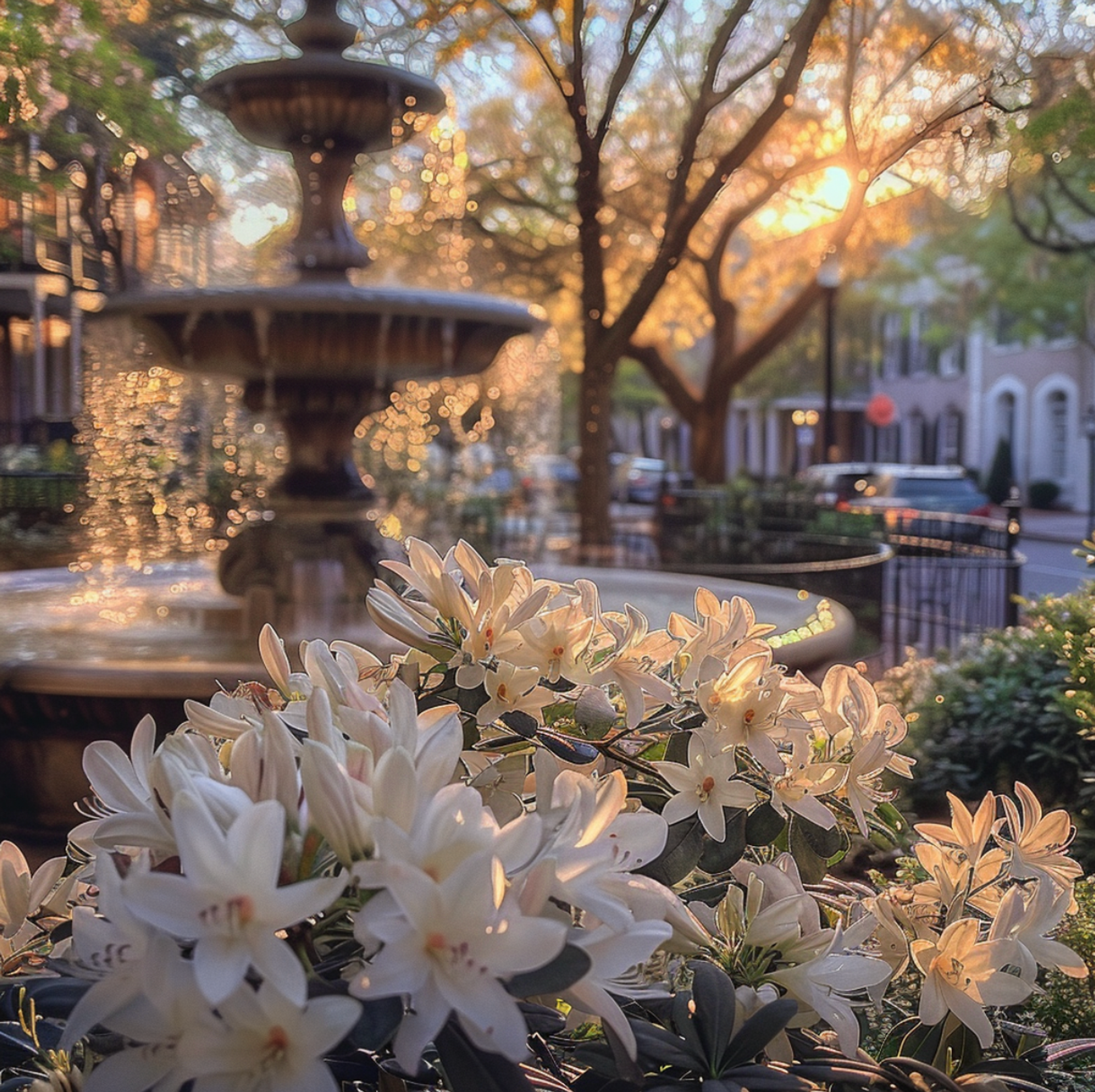 Sunset in Savannah, GA, casts a golden glow on white blossoms in the foreground with a classic fountain softly blurred in the background, evoking the city’s historic charm and the elegance of flower delivery in Savannah.